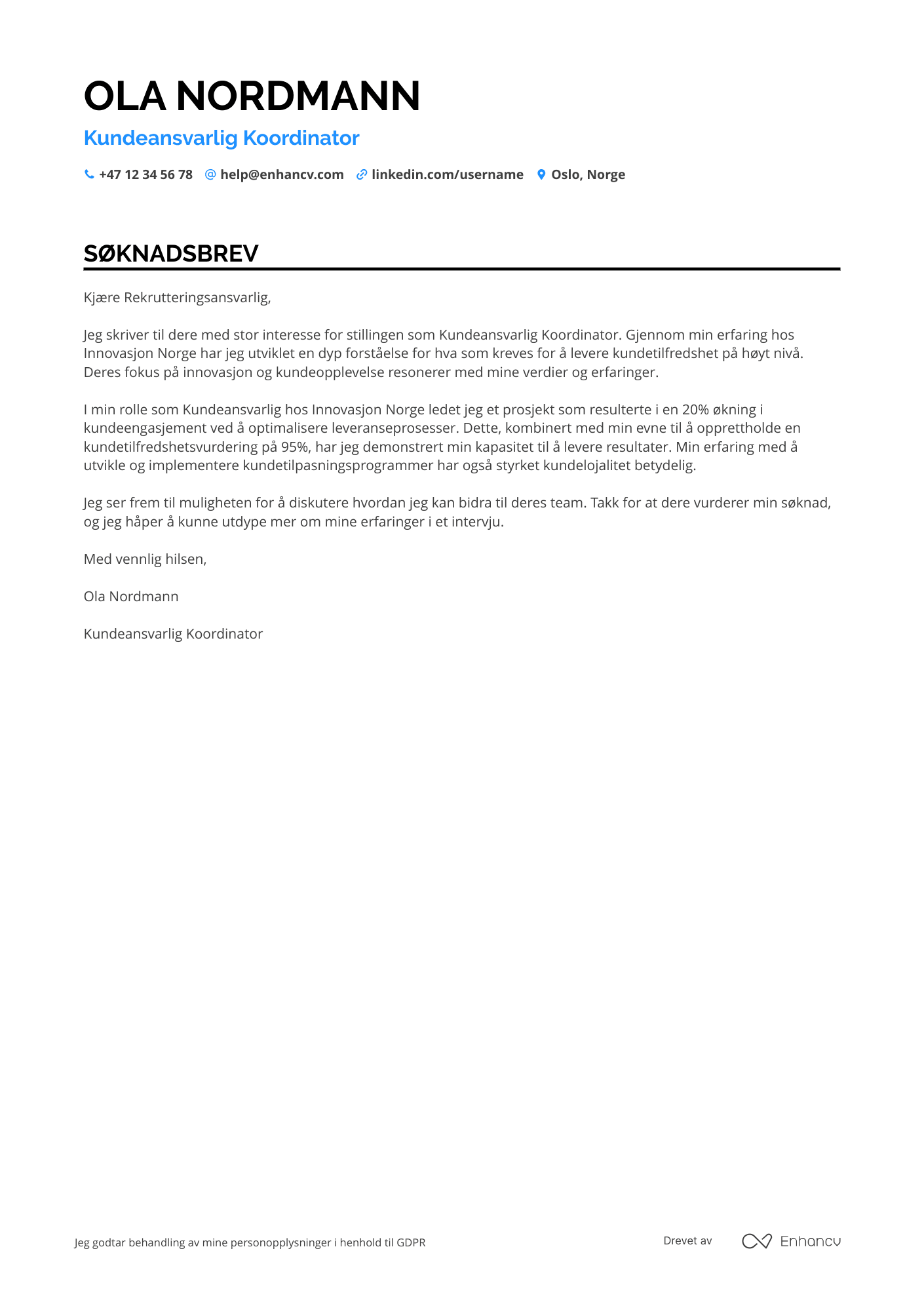 Søknadsbrev for Kundeansvarlig Koordinator