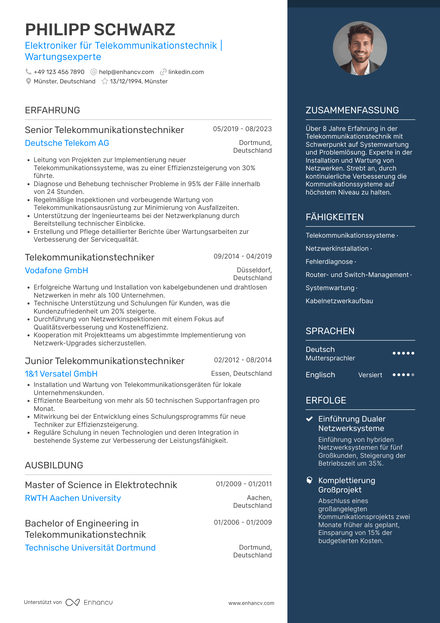 Lebenslauf als Elektroniker für Telekommunikationstechnik