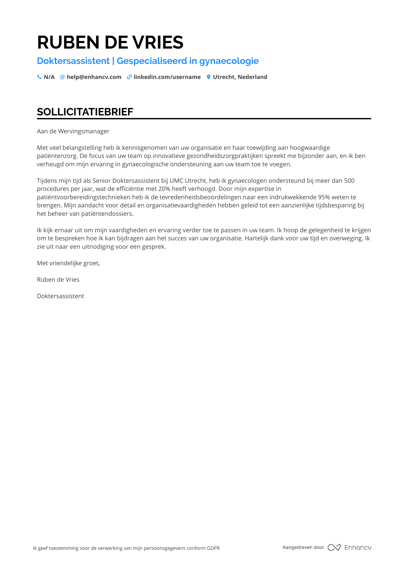 Sollicitatiebrief voor Doktersassistent Gynaecologie