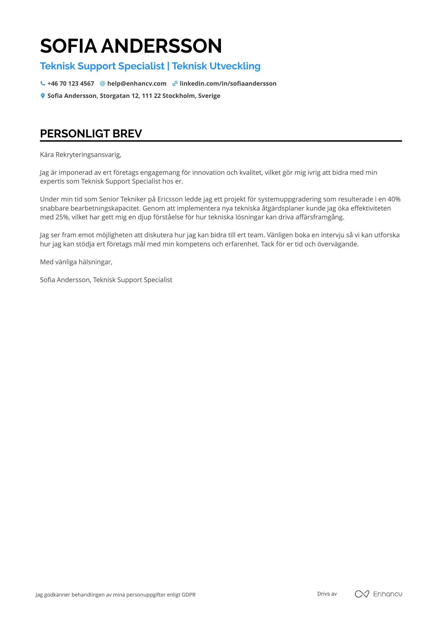 Personligt brev för VD Technician