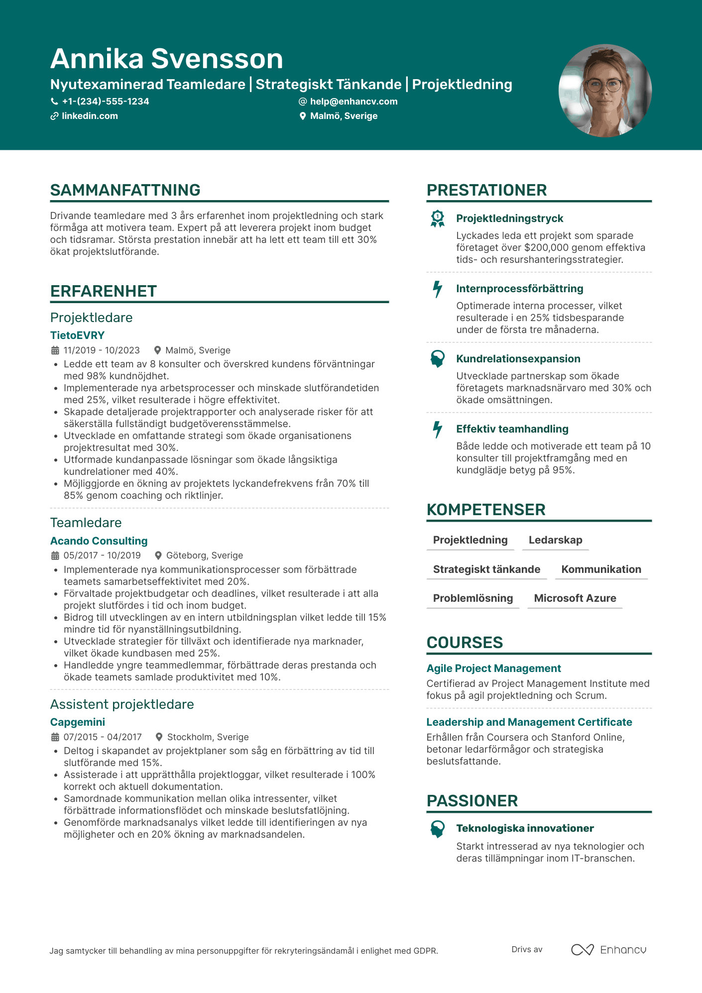 CV för Nyutexaminerad Teamledare