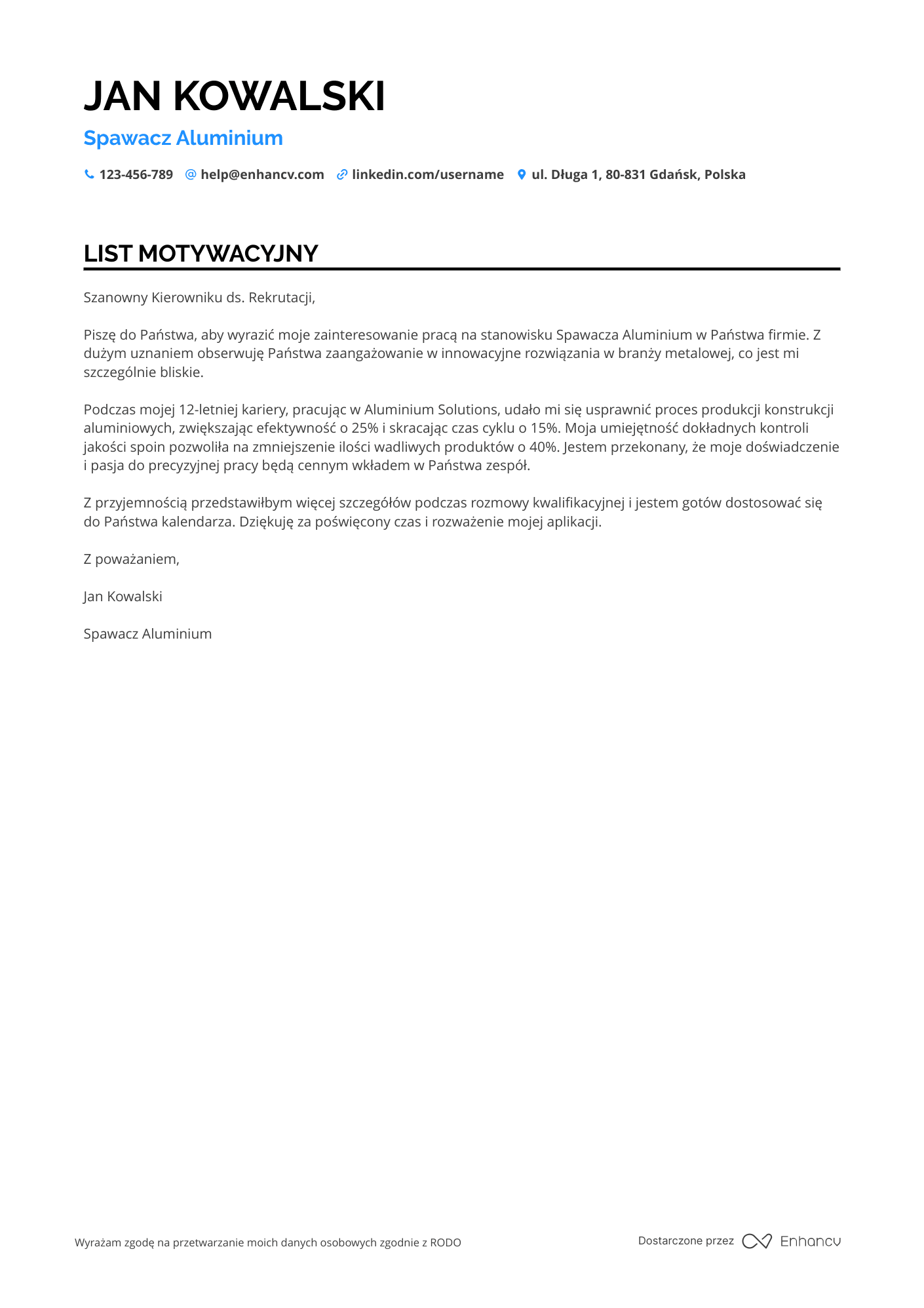 List motywacyjny dla Spawacz aluminium