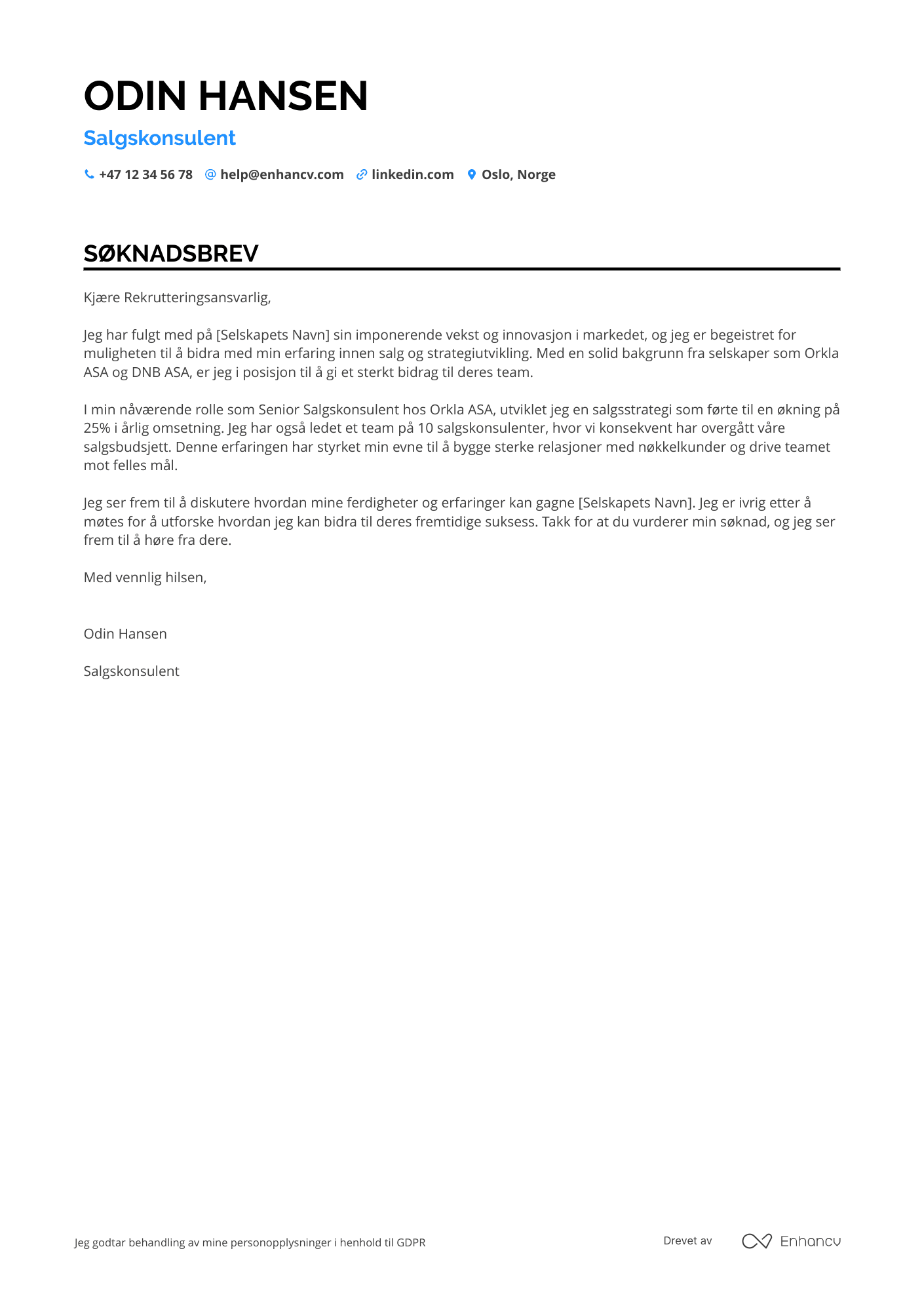 Søknadsbrev for Salgskonsulent
