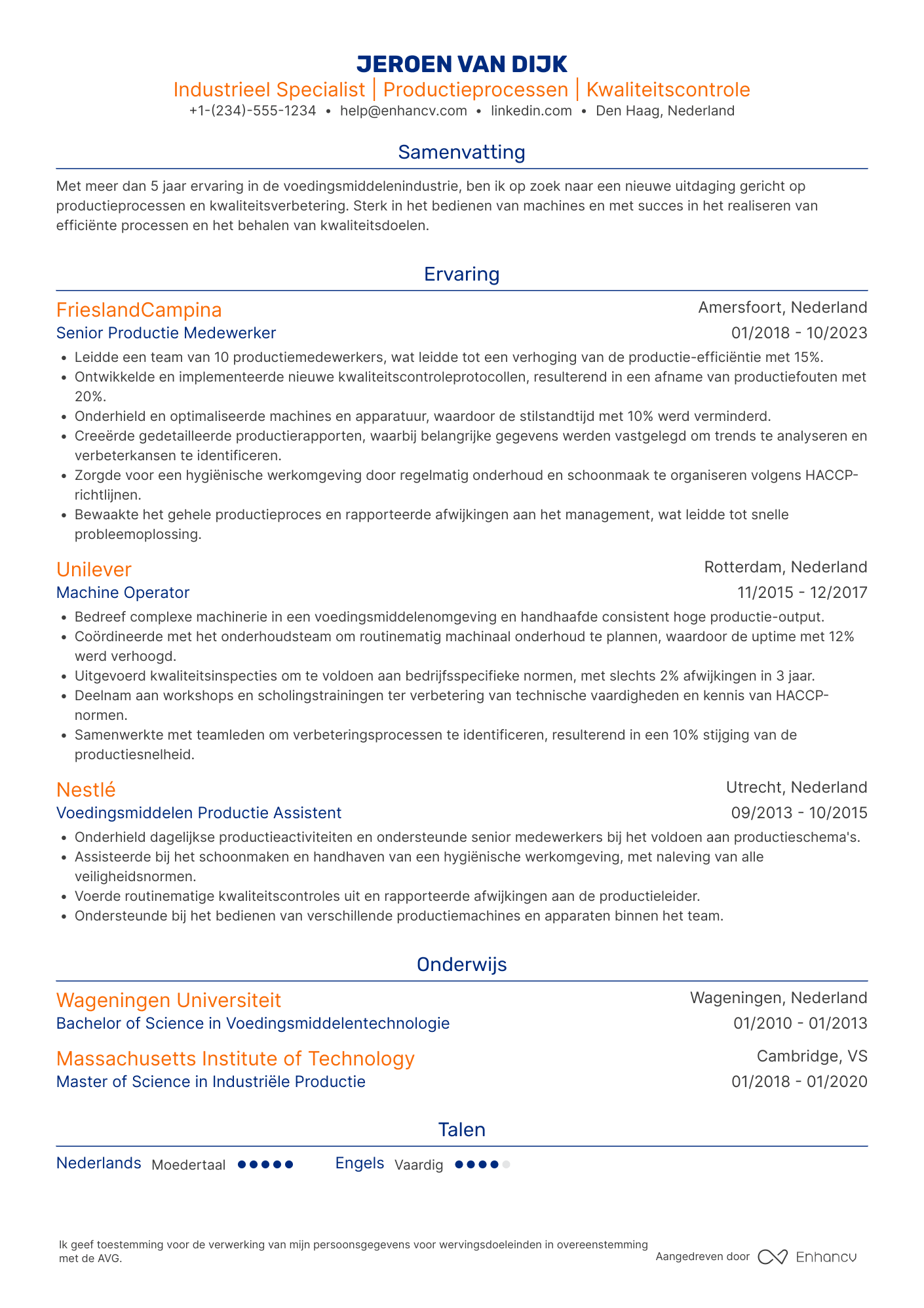CV voor Fabrieksarbeider Voedingsmiddelen