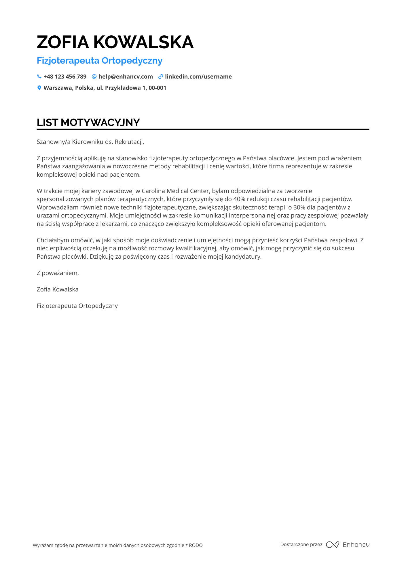 List motywacyjny dla Fizjoterapeuta Ortopedyczny