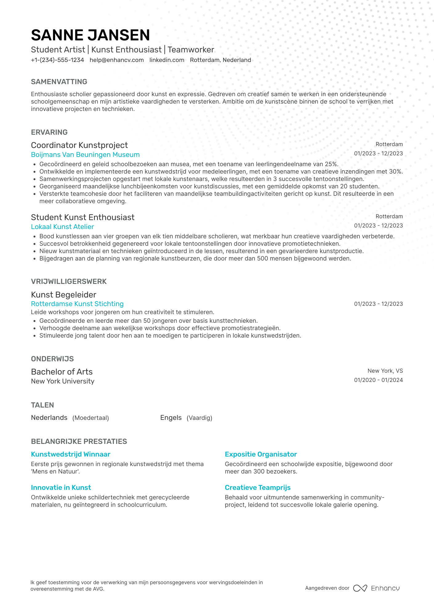 CV voor Middelbare School Student Art Club Member