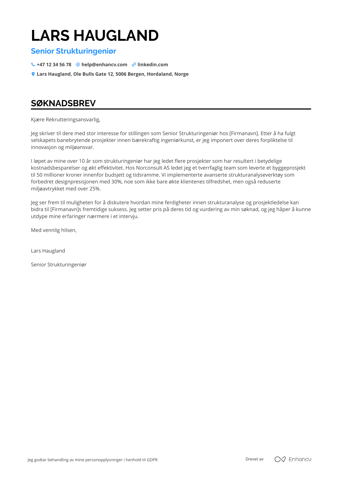 Søknadsbrev for Senior Strukturingeniør