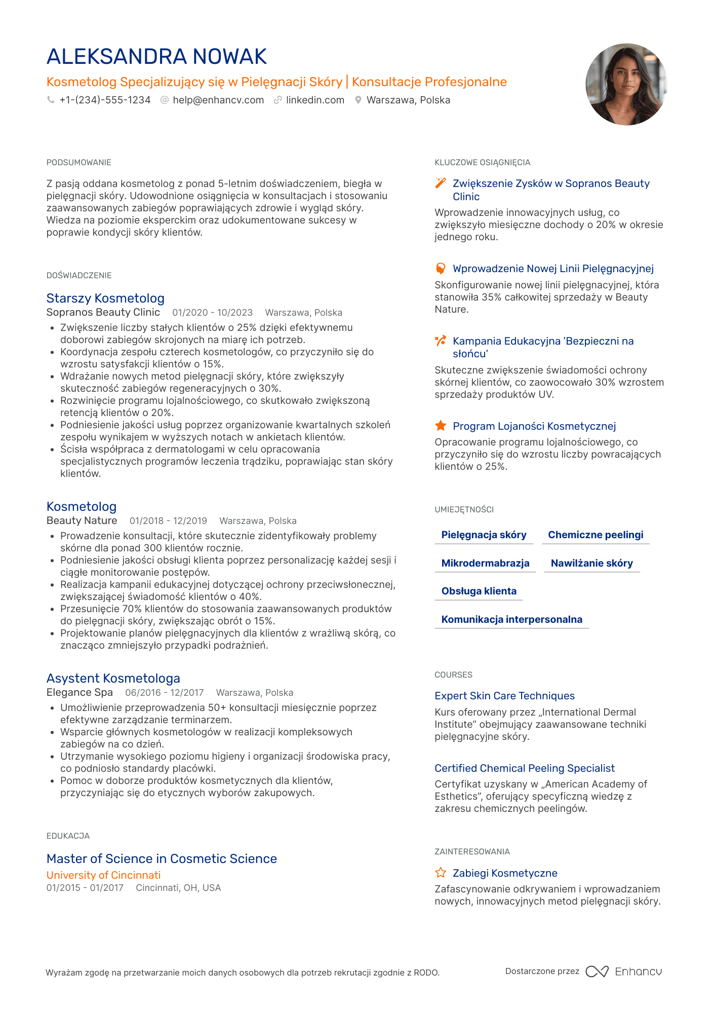 CV dla Kosmetolog Specjalizujący się w Pielęgnacji Skóry