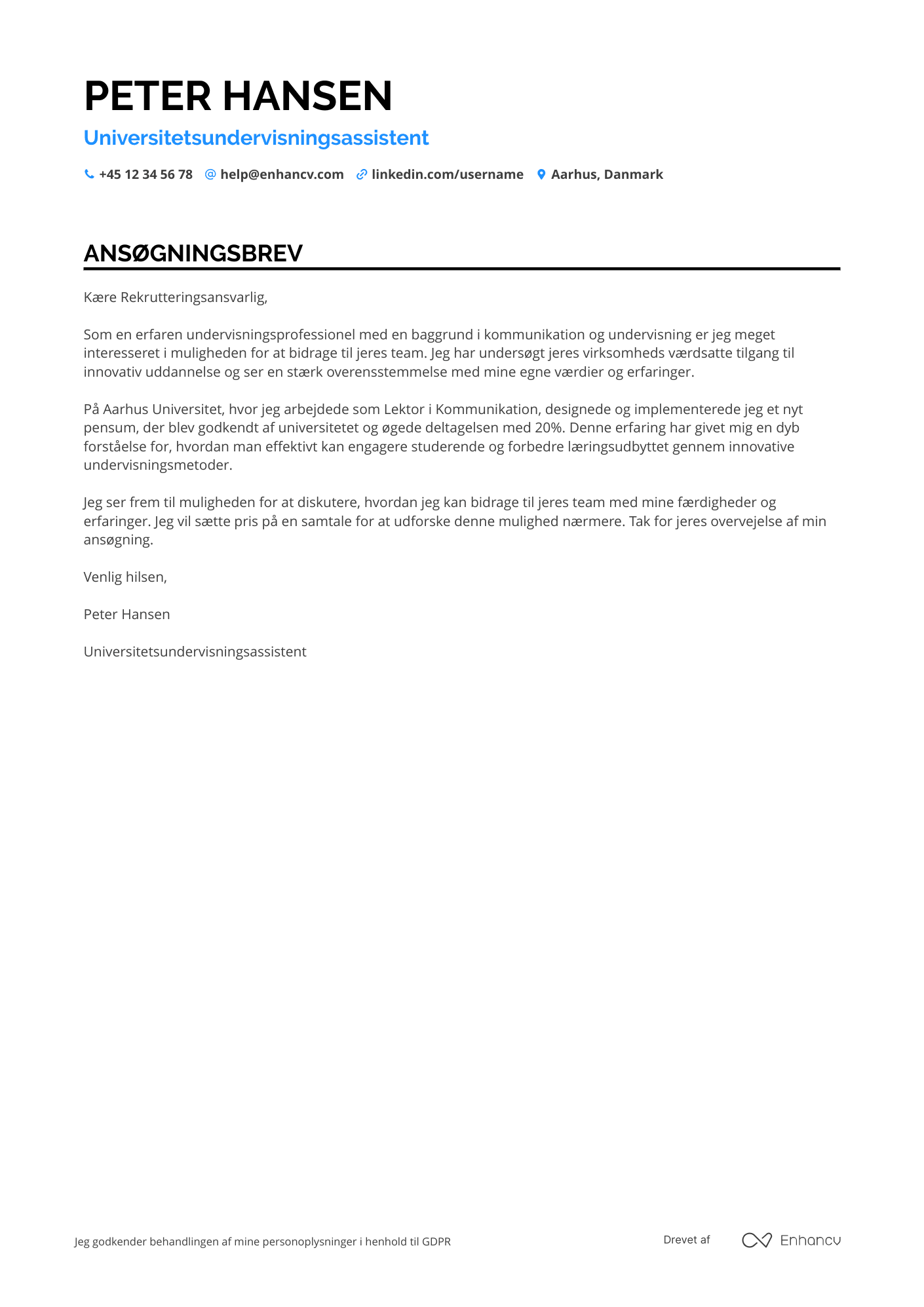 Ansøgningsbrev til Universitetsundervisningsassistent
