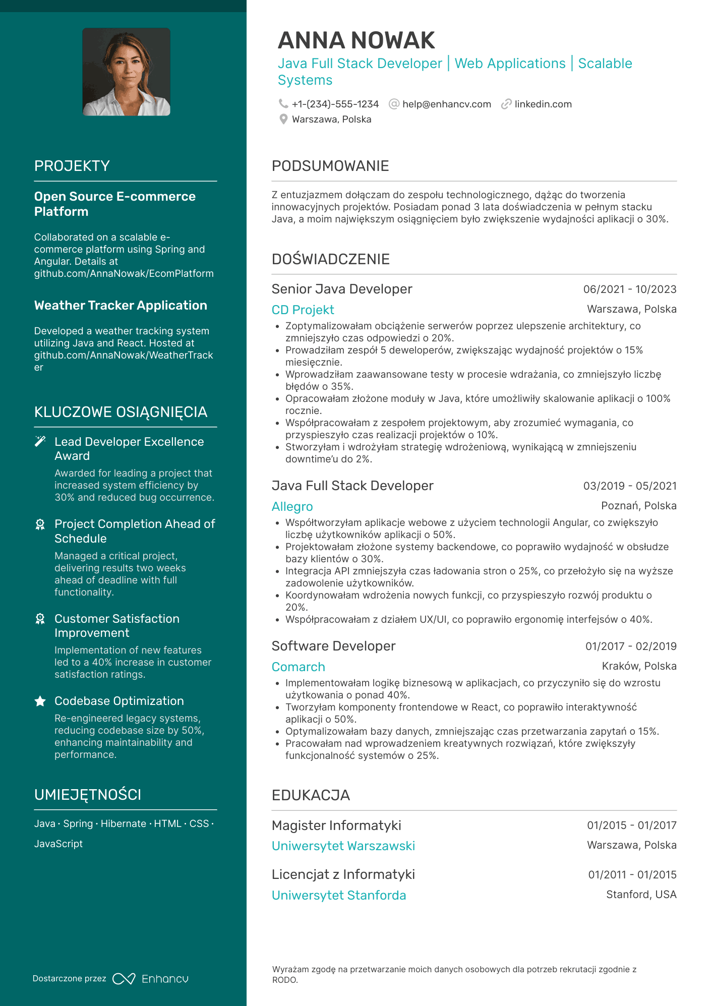 CV dla Java Full Stack Developer