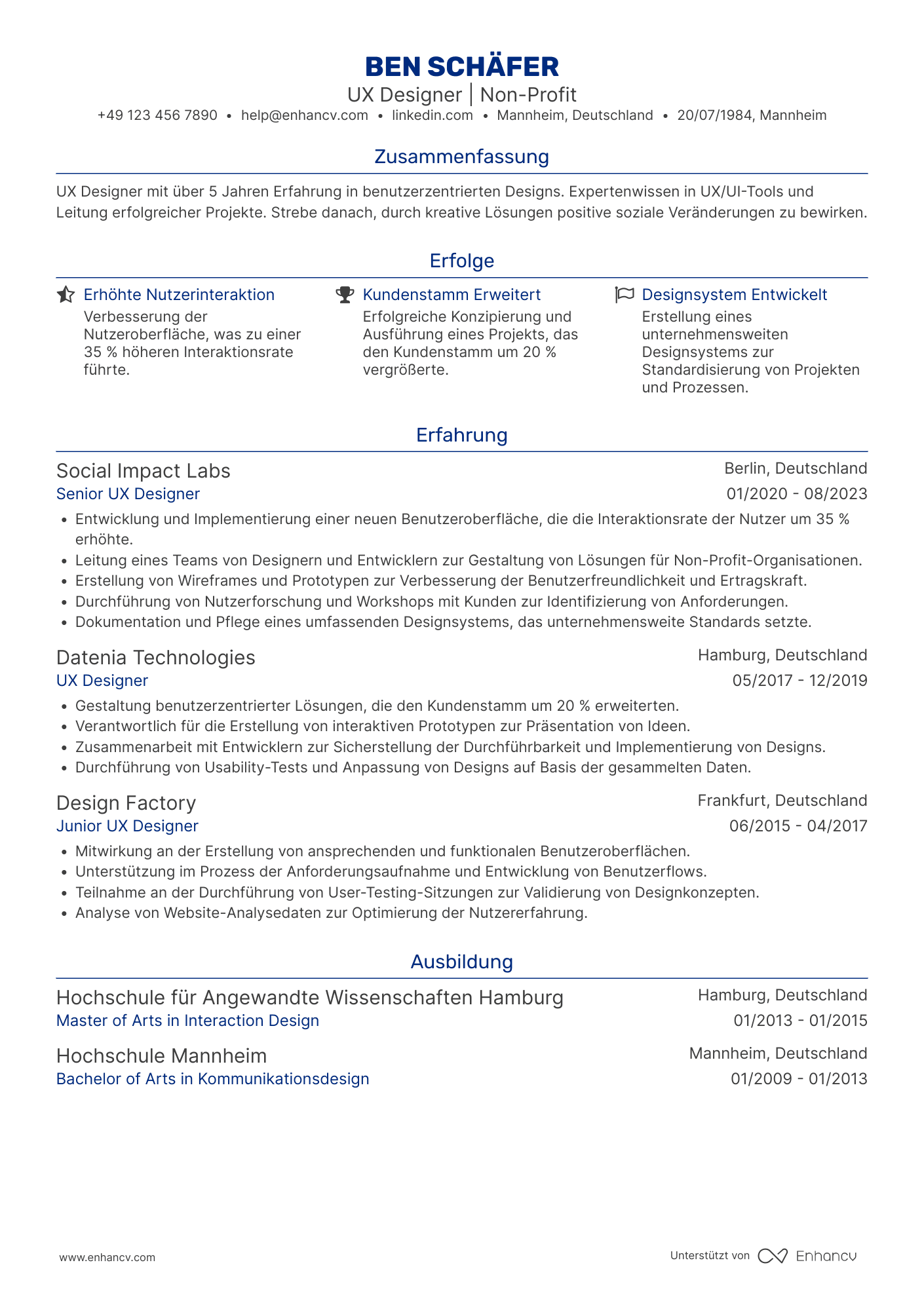Lebenslauf in UX Designer für Non Profit Organisationen