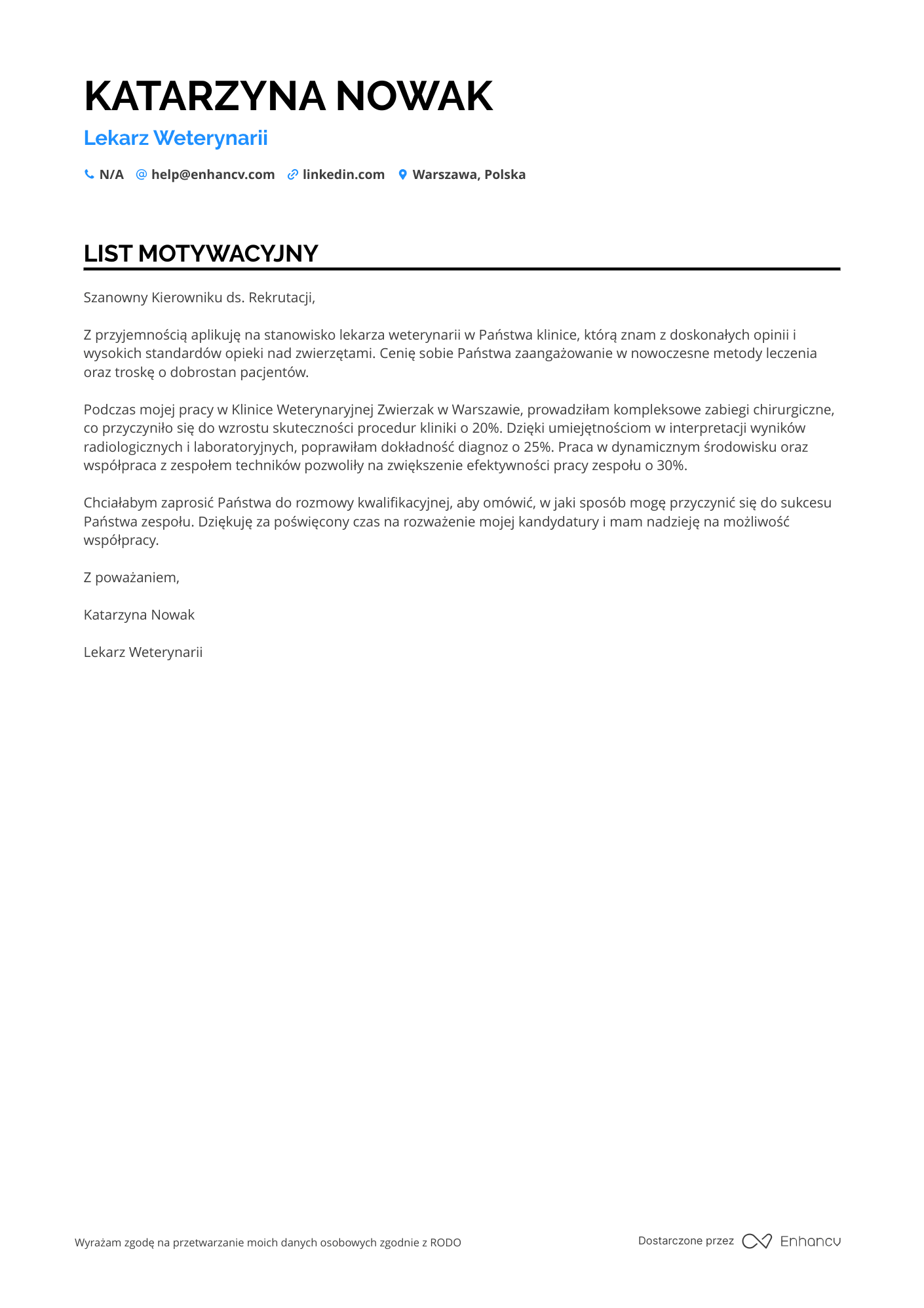 List motywacyjny dla Lekarz Weterynarii