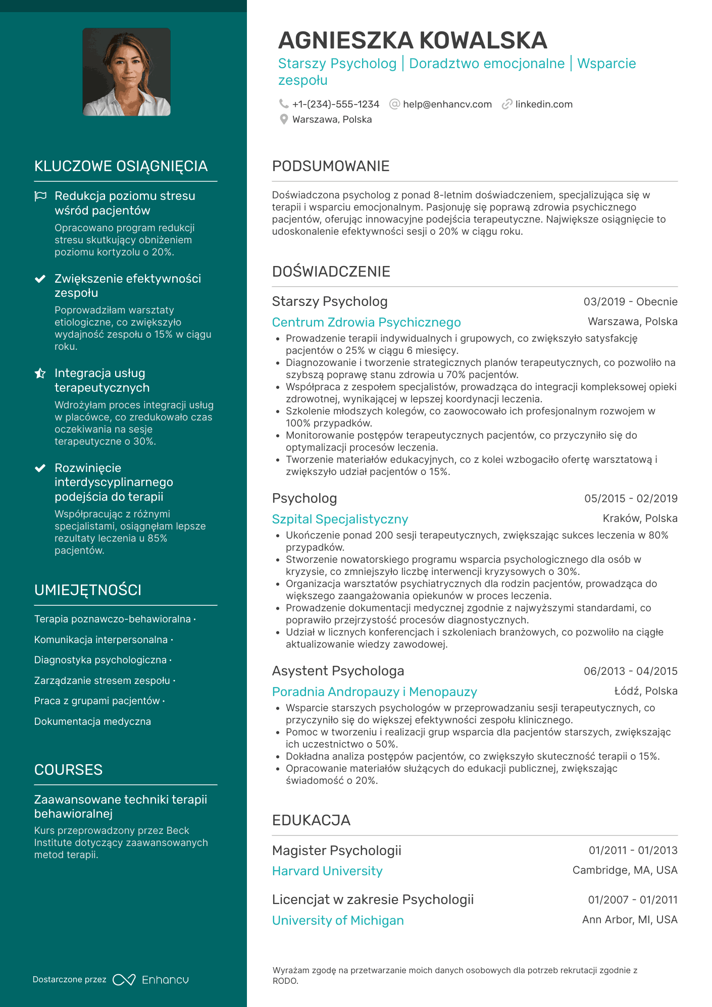 CV dla Starszy psycholog