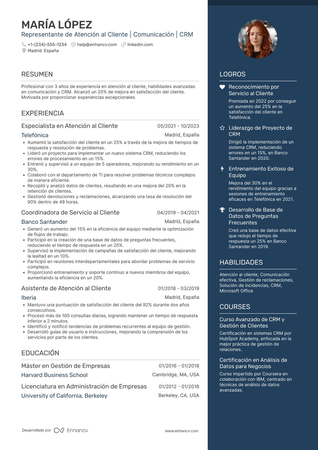 Ejemplo de CV de atención al cliente