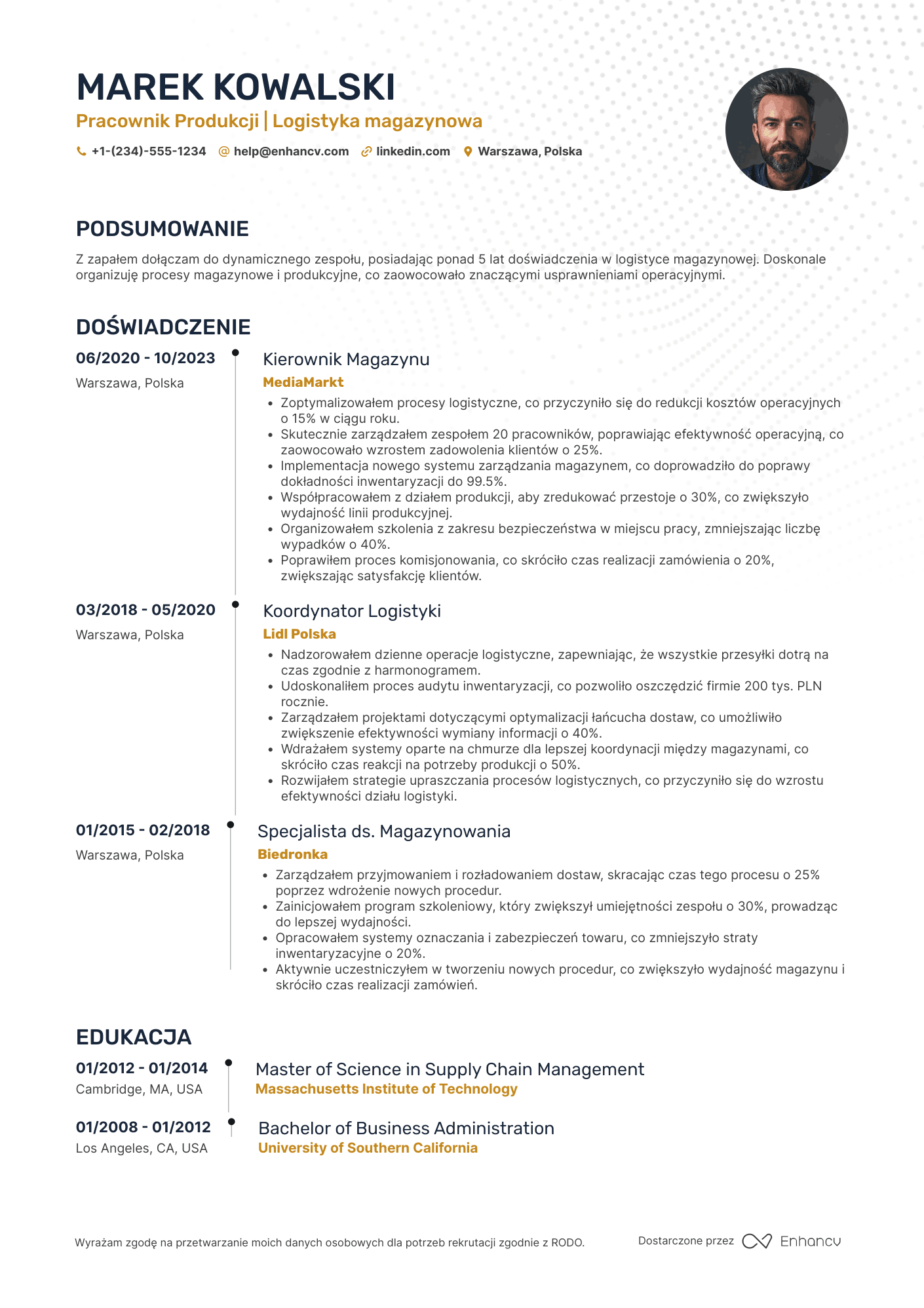 CV dla Pracownik Produkcji Magazynier