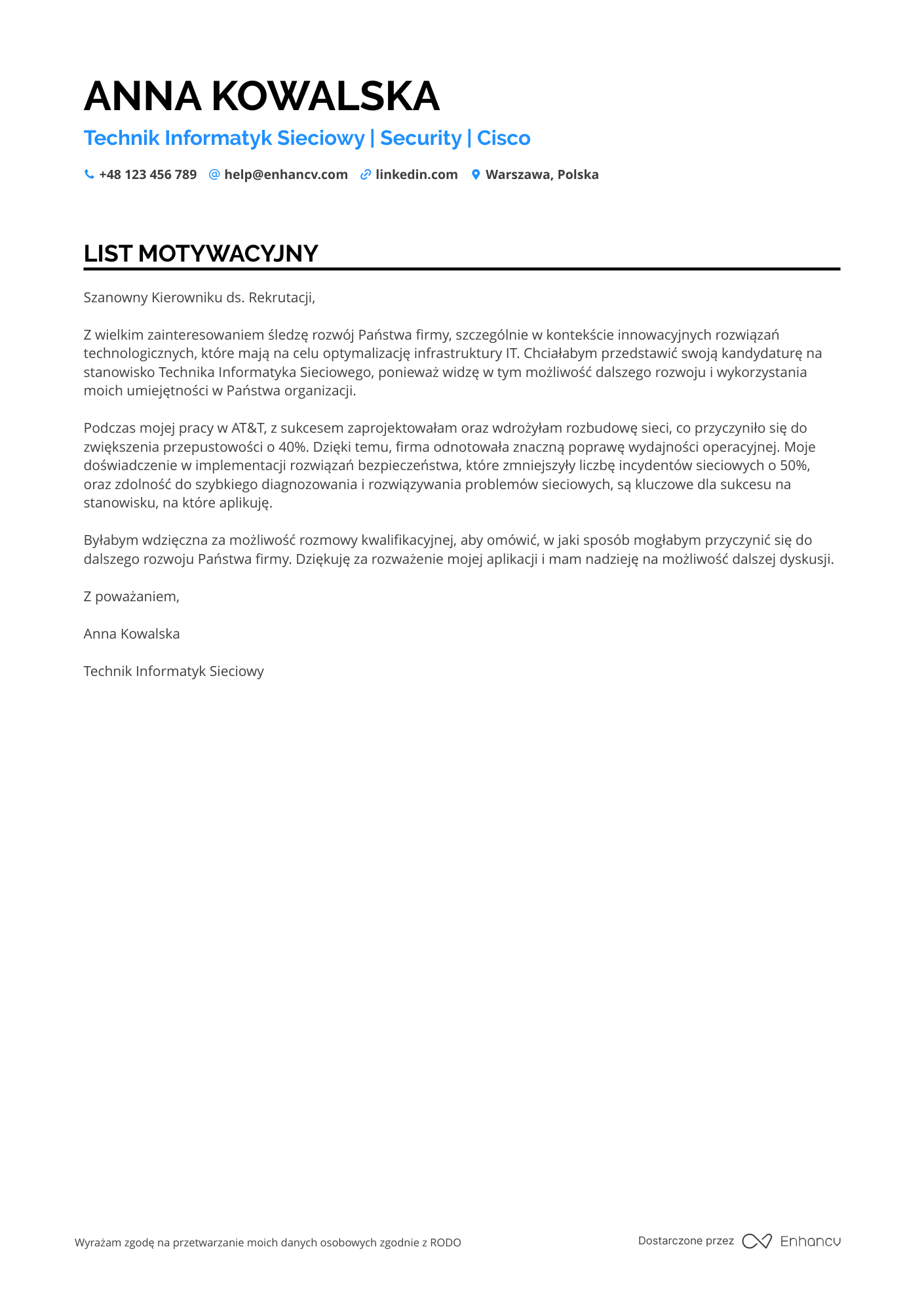 List motywacyjny dla Technik Informatyk Sieciowy