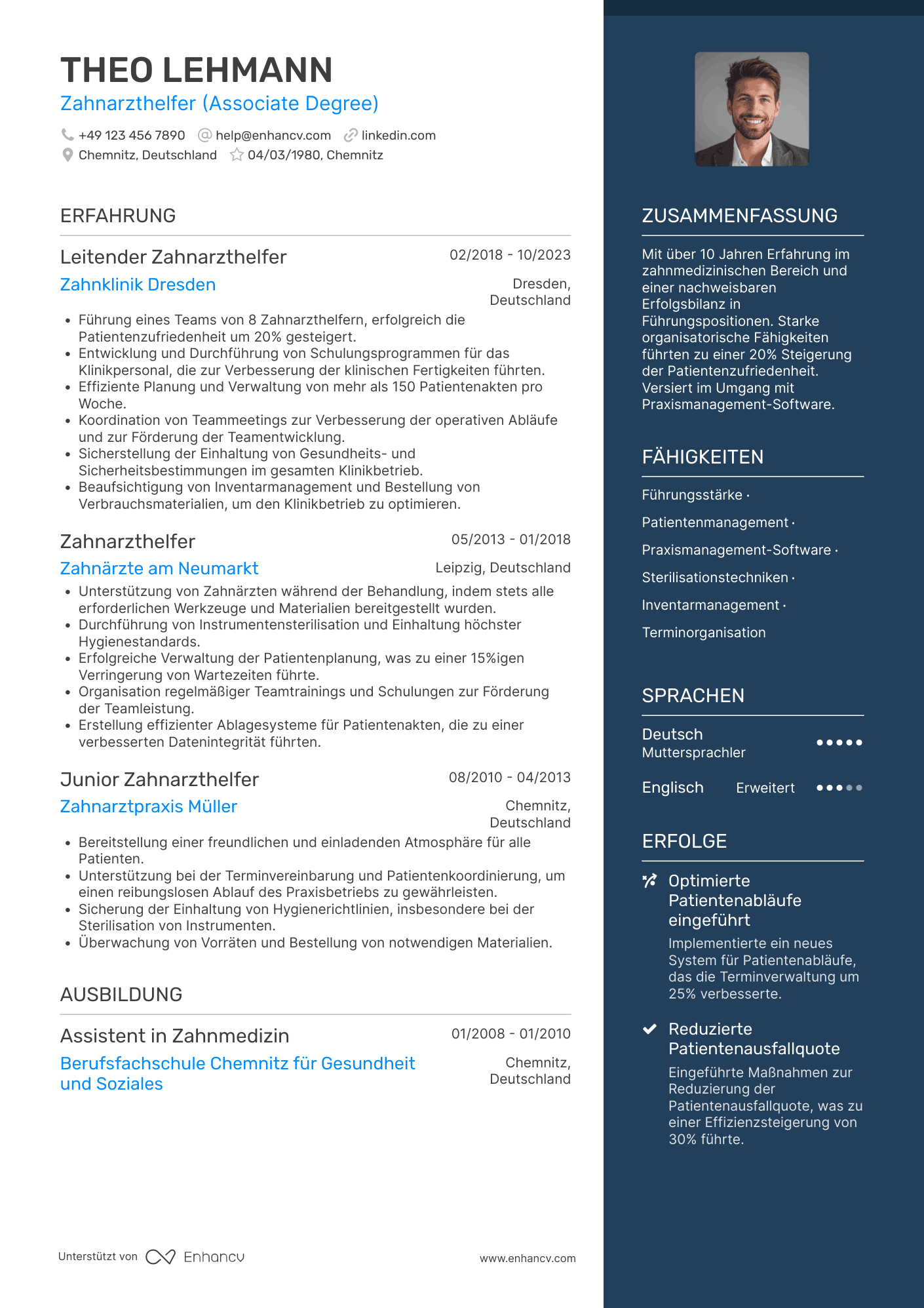 Lebenslauf als Zahnarzthelferin auf Führungsebene