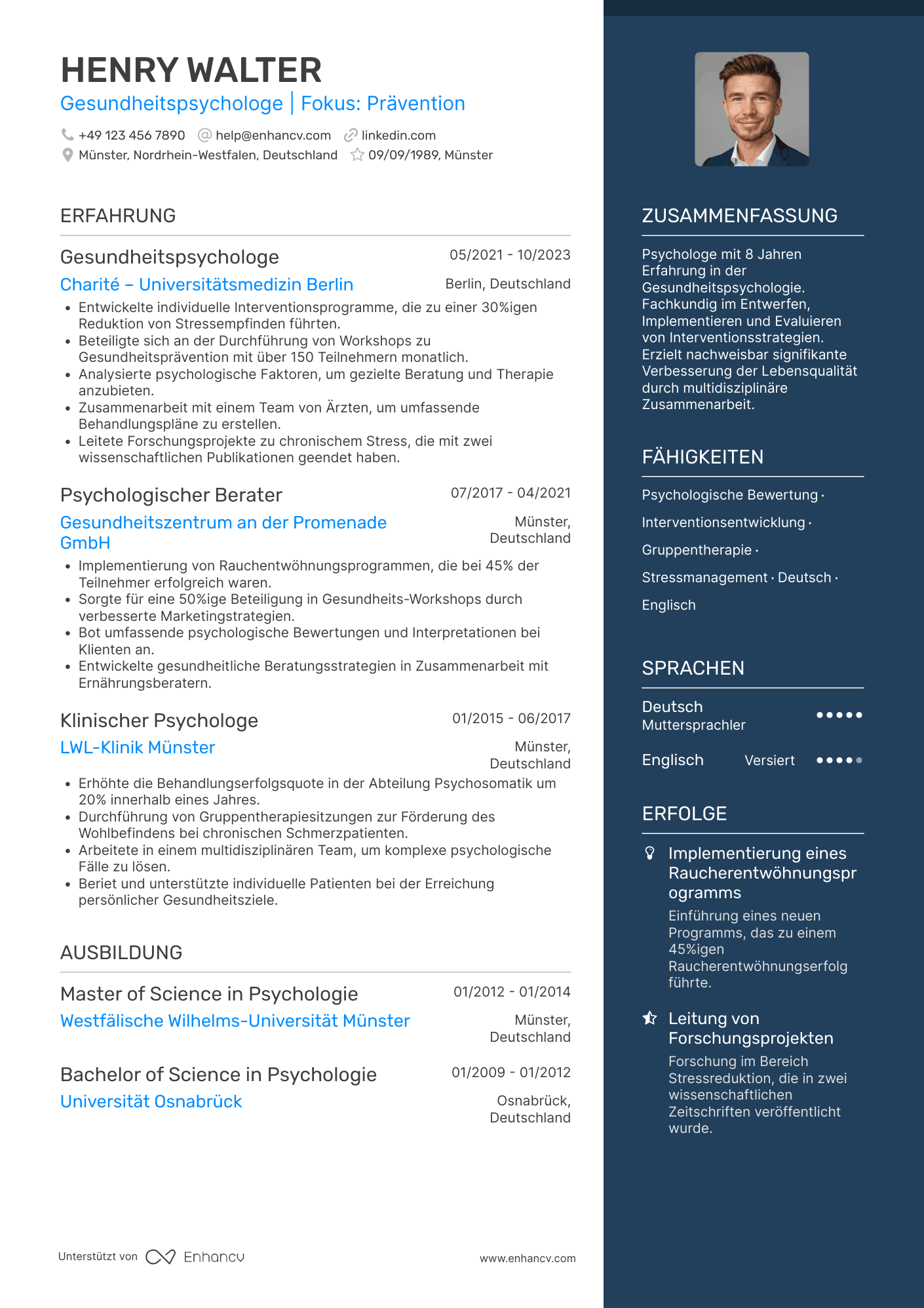 Lebenslauf als Gesundheitspsychologe