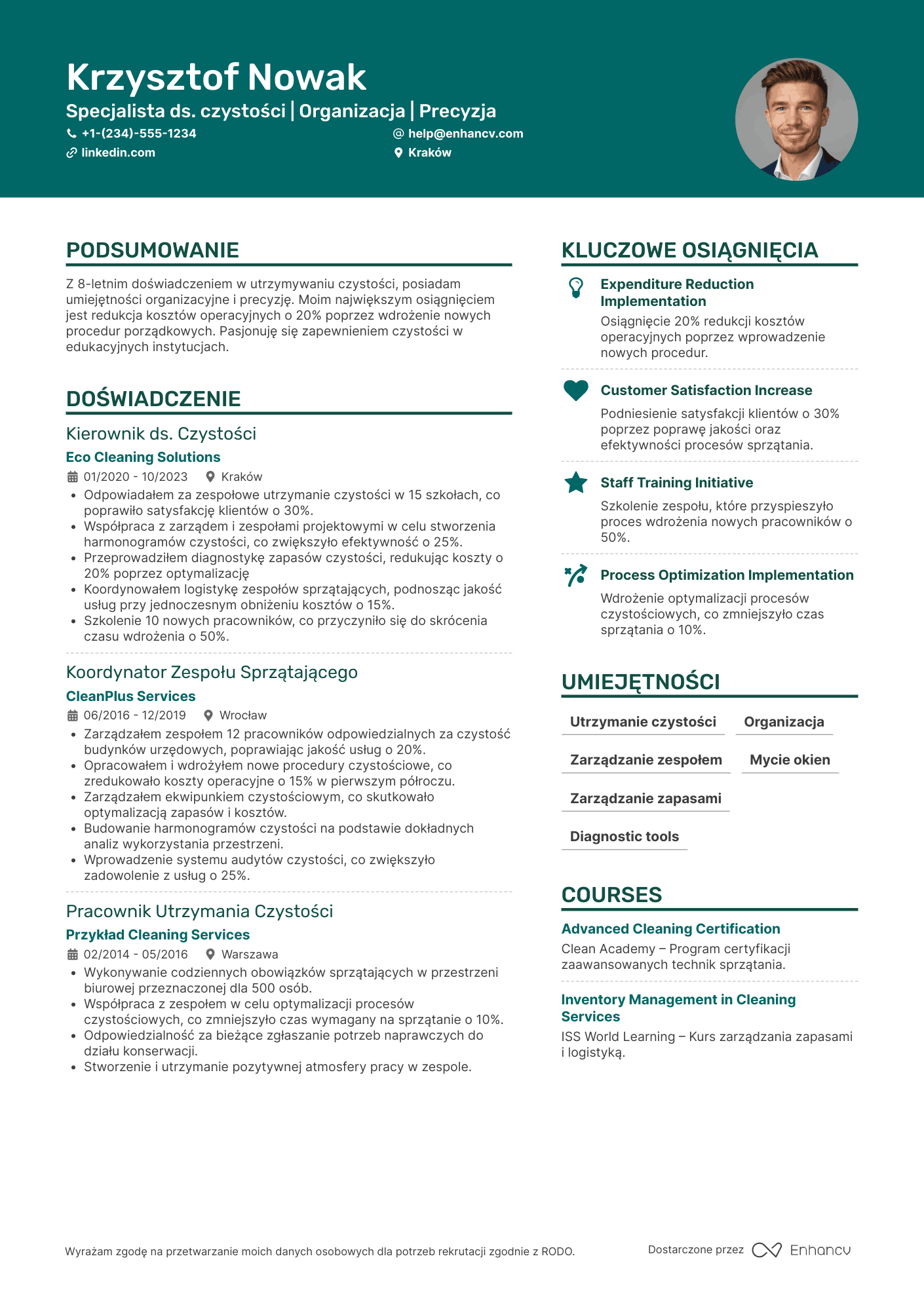 CV dla Sprzątaczka w szkole