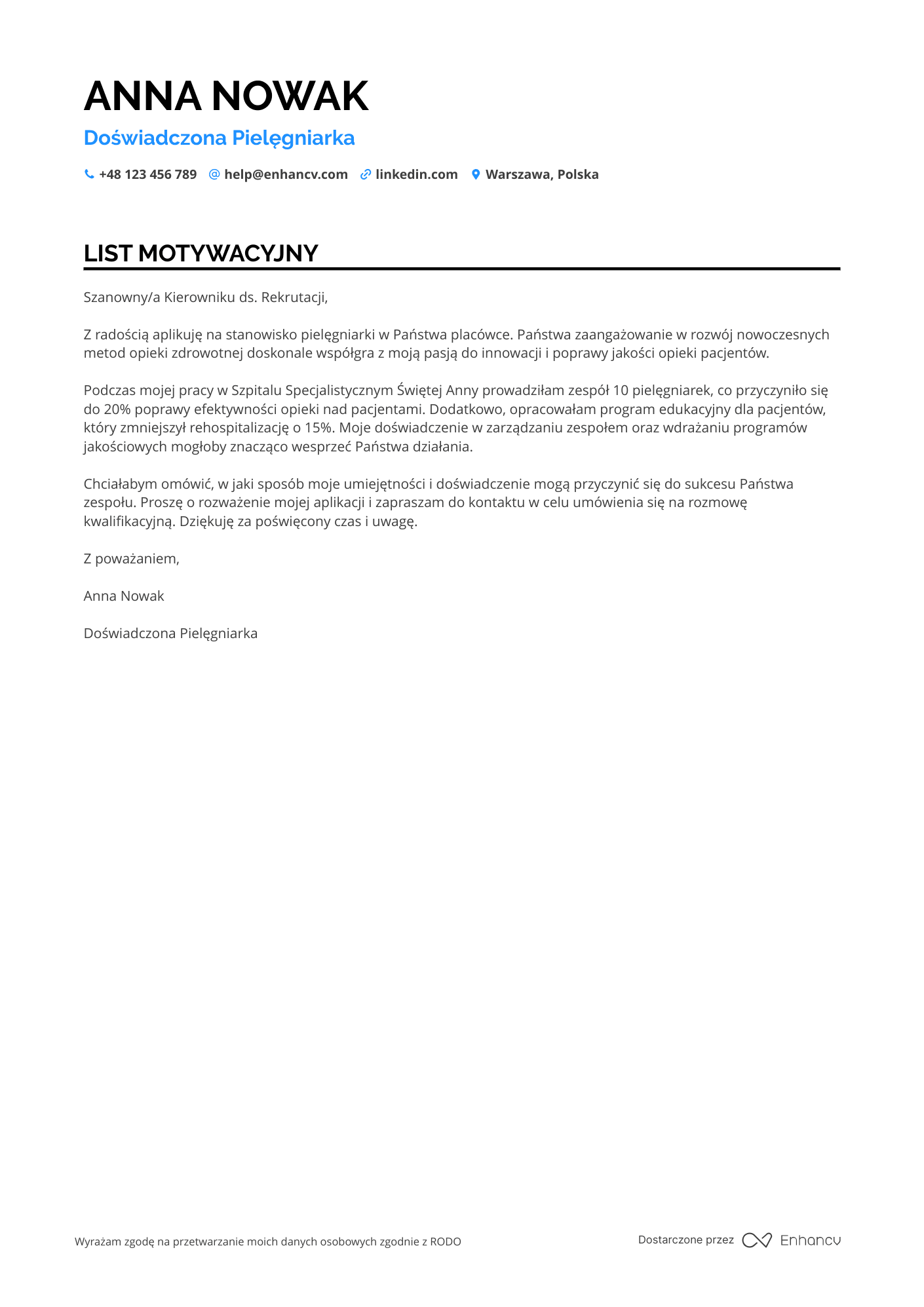 List motywacyjny dla Pielęgniarka w Szpitalu Publicznym