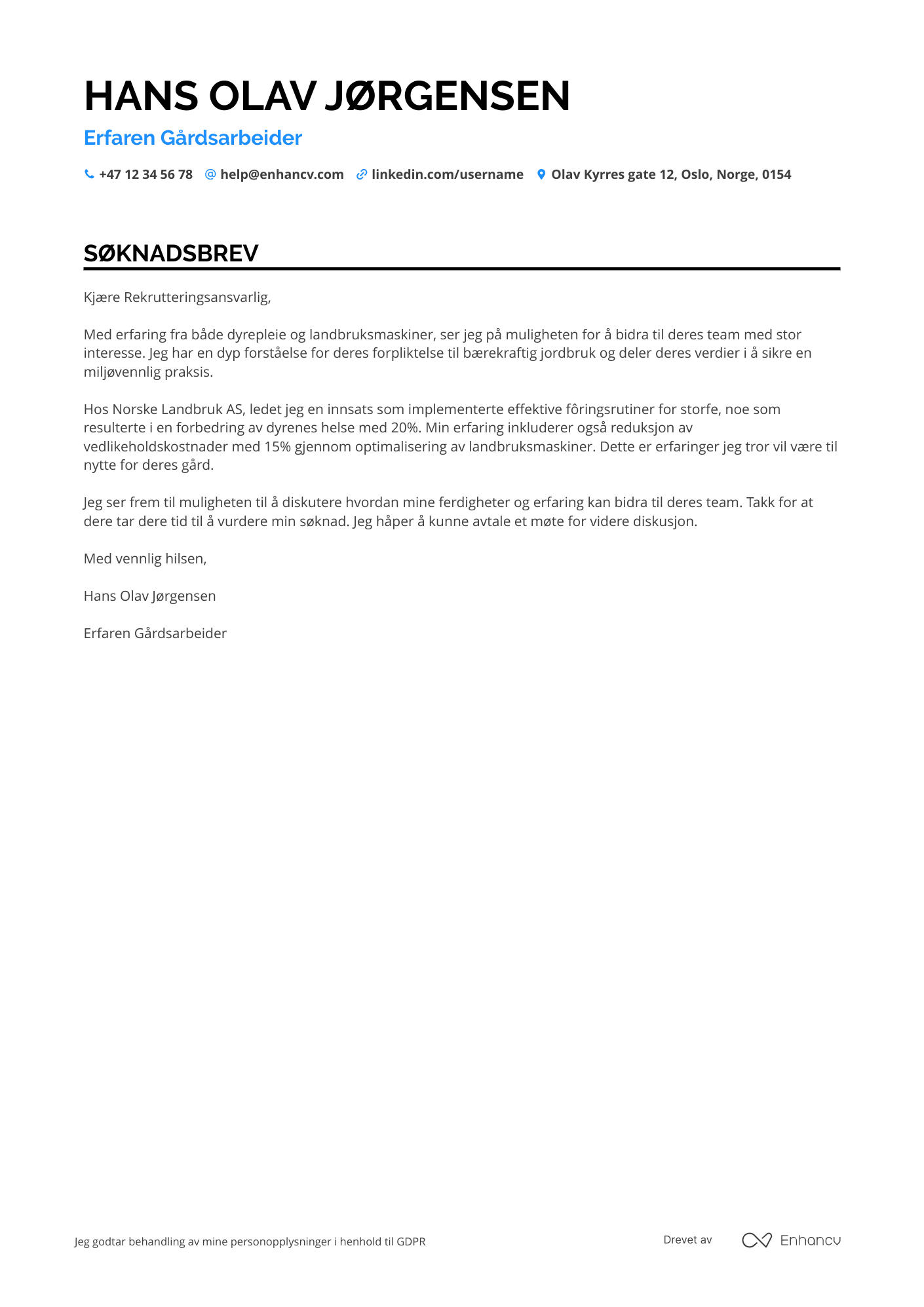 Søknadsbrev for Erfaren gårdsarbeider