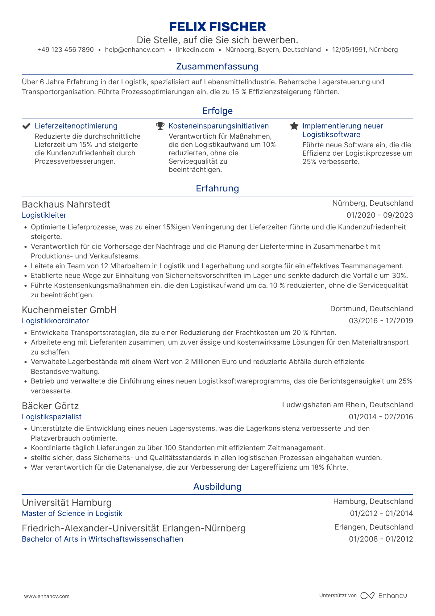 Lebenslauf als Bäckerei Logistikmanager