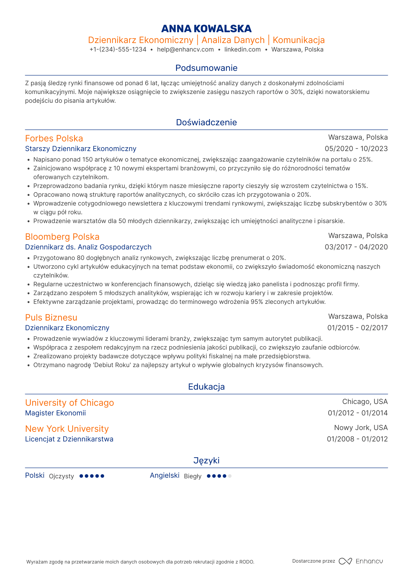 CV dla Dziennikarz Ekonomiczny