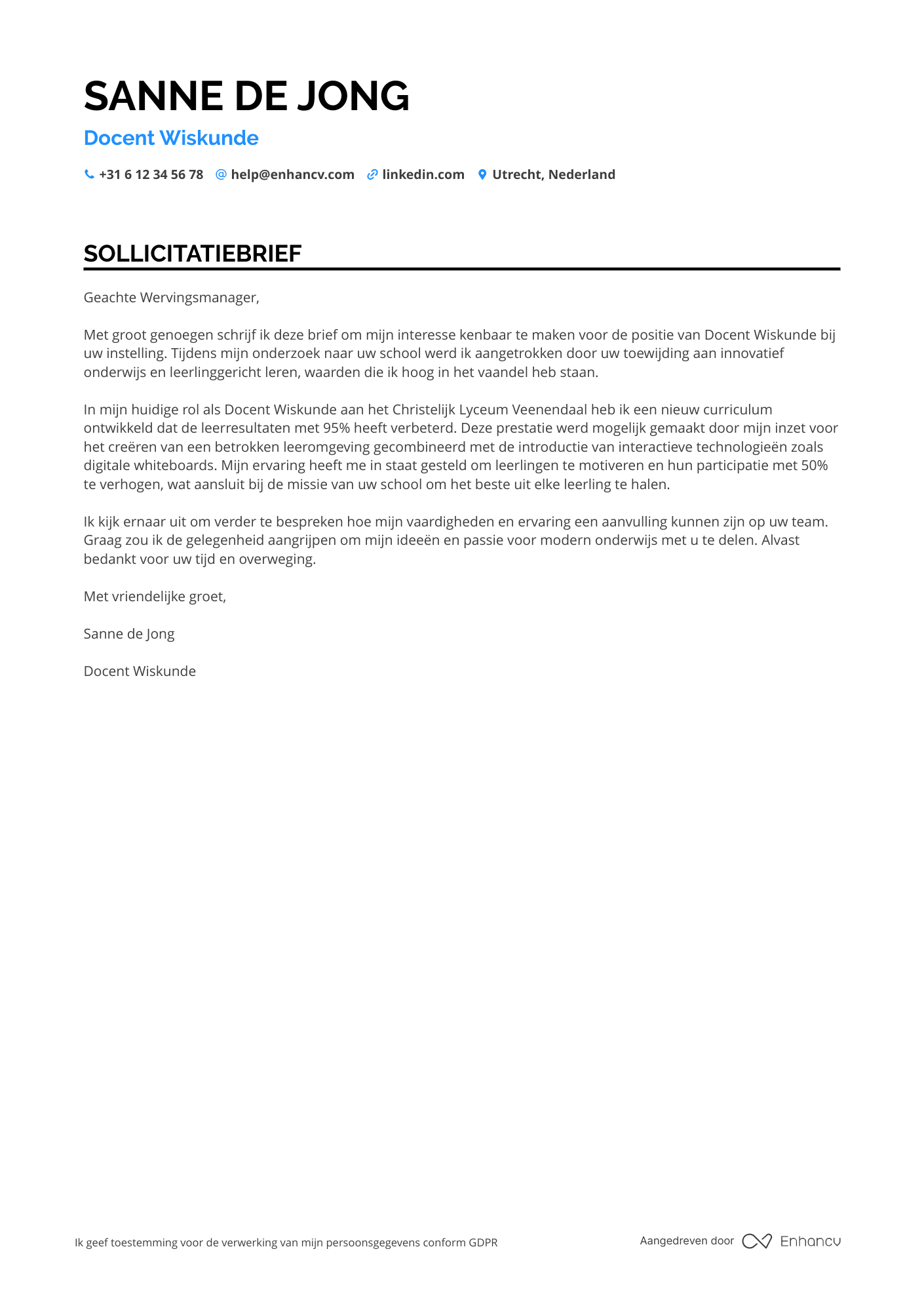 Sollicitatiebrief voor Docent Voortgezet Onderwijs Wiskunde