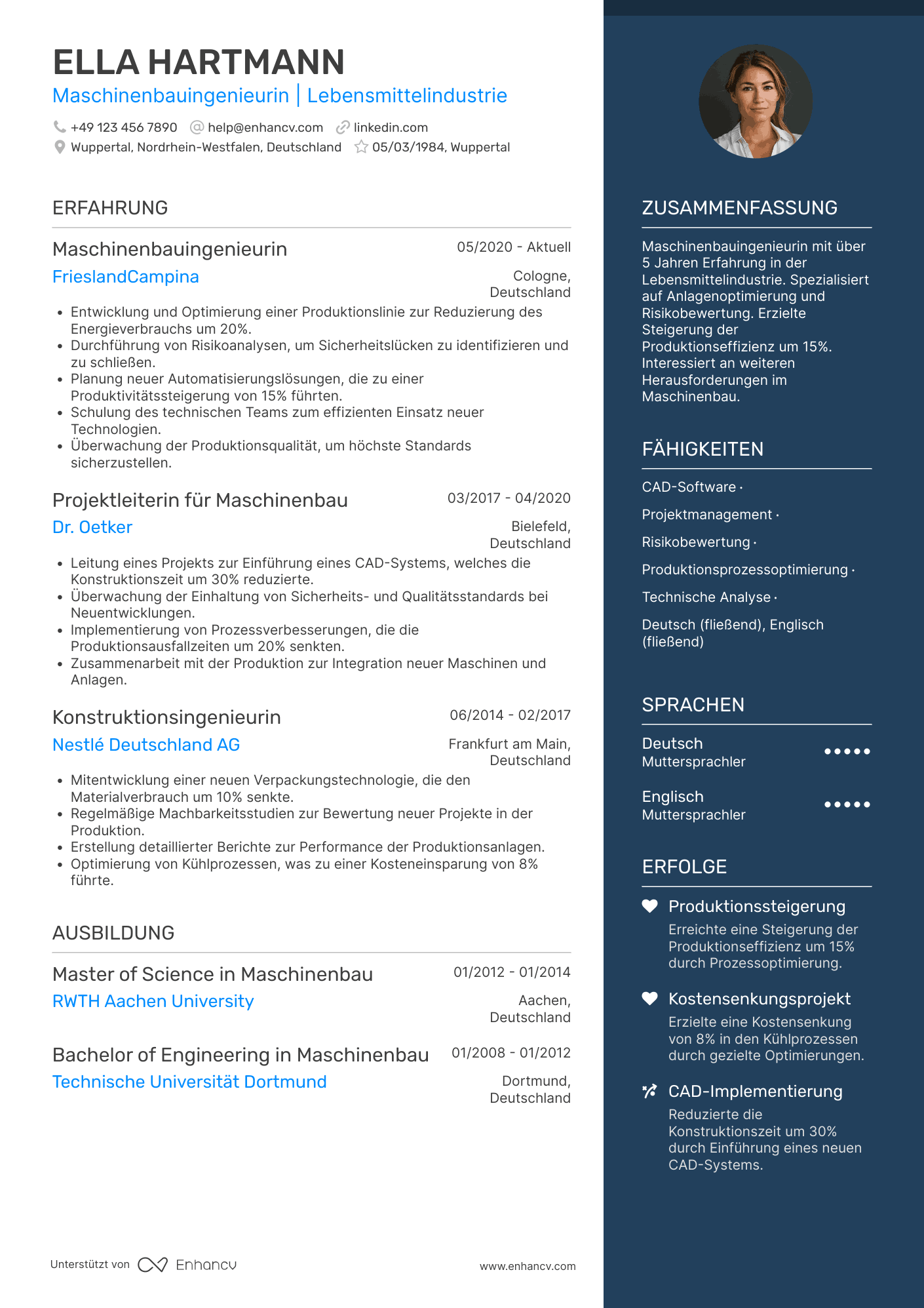Lebenslauf in Maschinenbauingenieur in der Lebensmittelindustrie