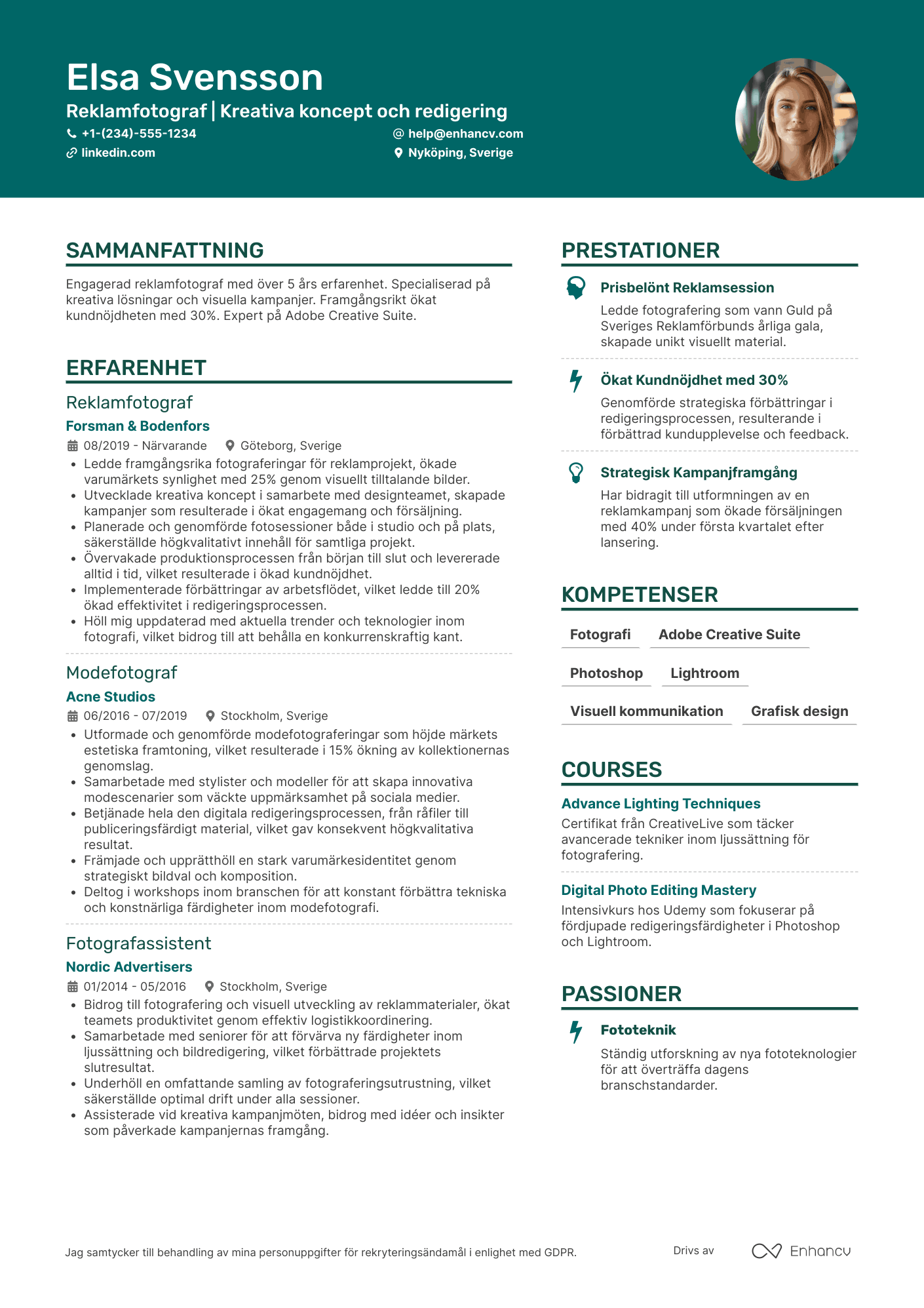 CV för Reklamfotograf