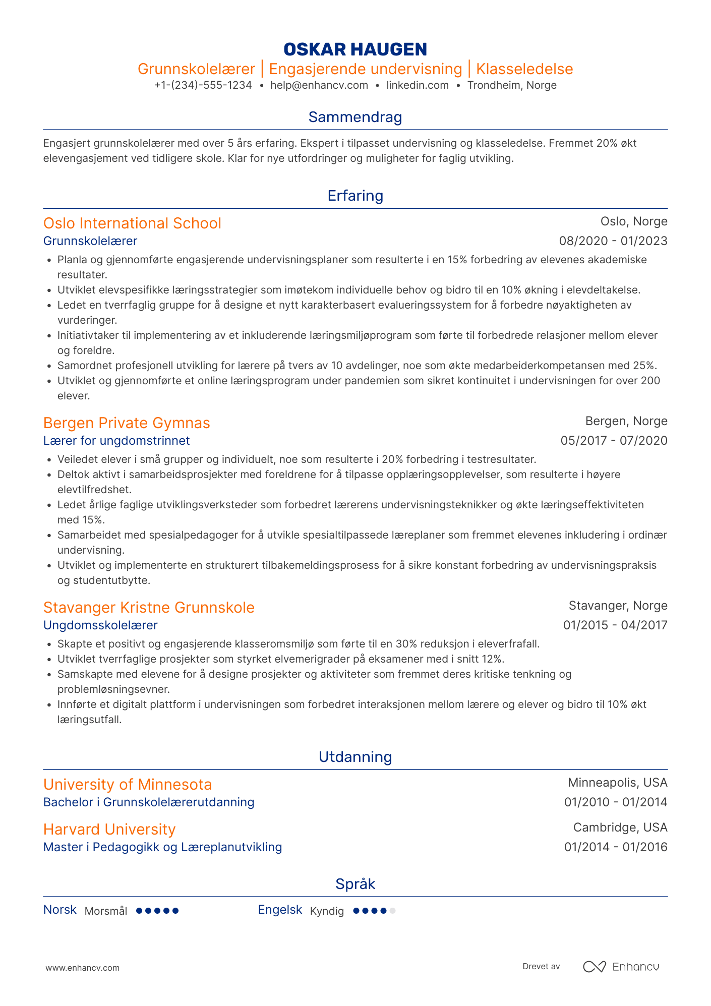 CV for Grunnskolelærer