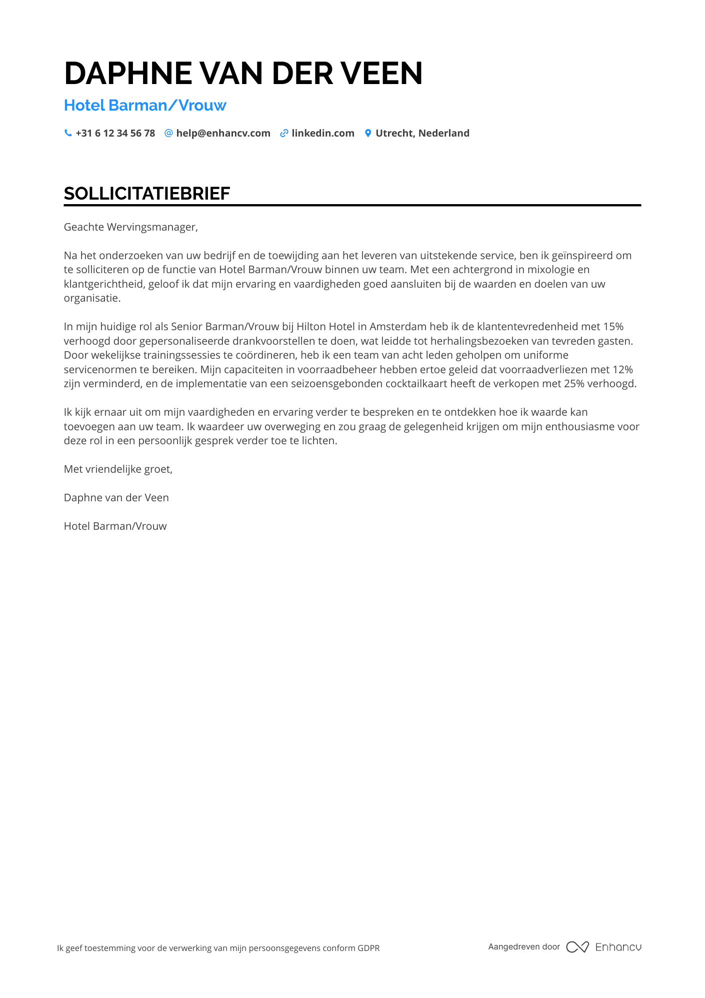 Sollicitatiebrief voor Hotel Bartender