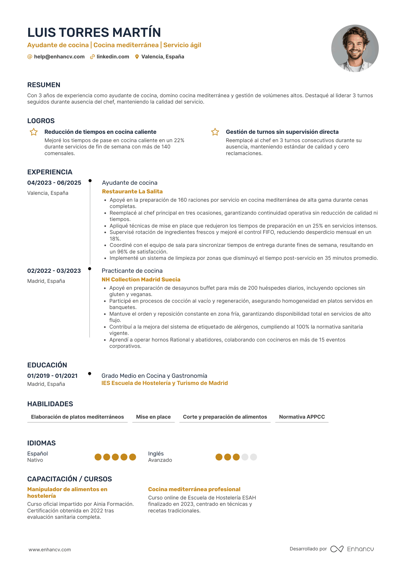 Ejemplo de currículum de ayudante de cocina experimentado