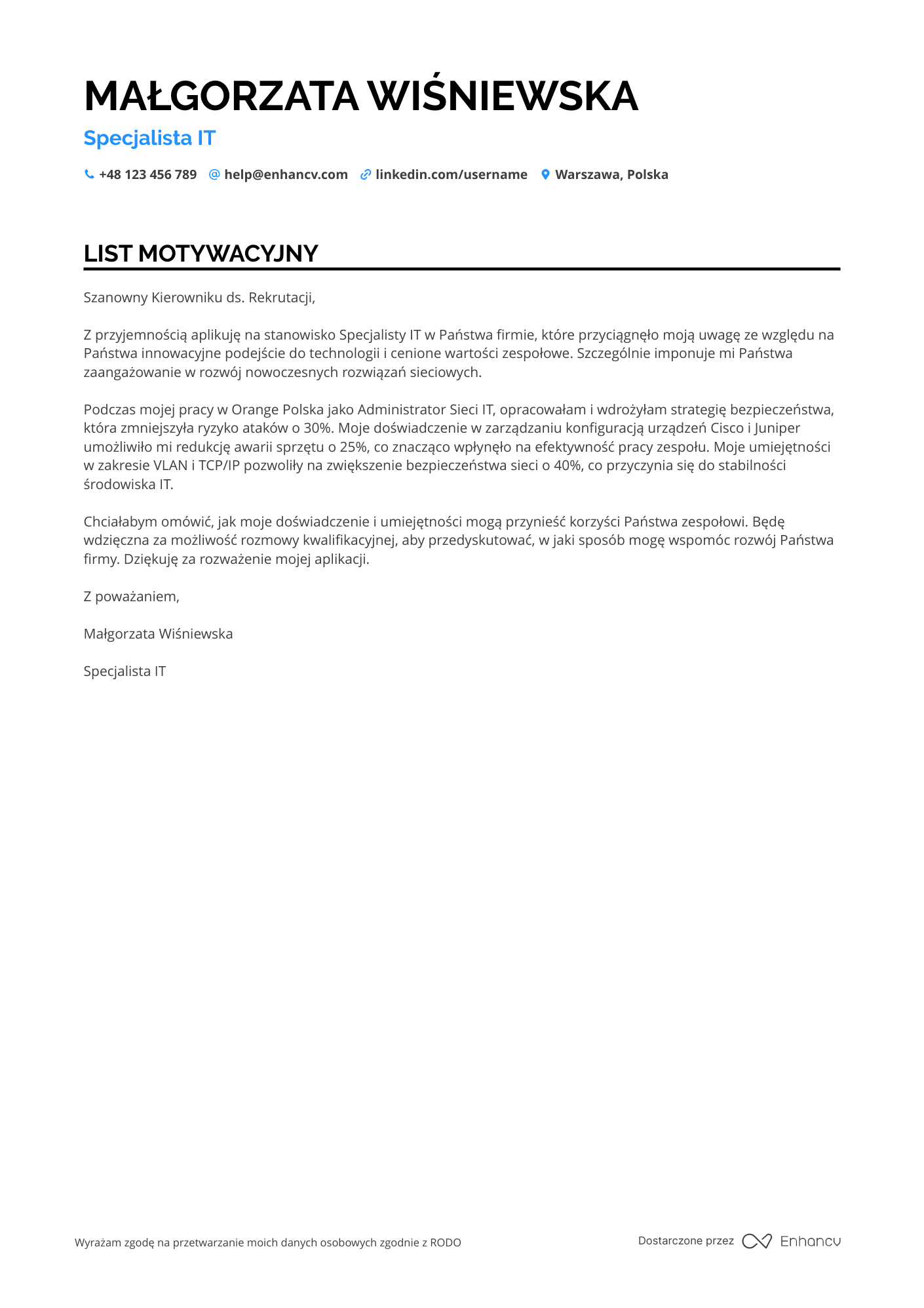 List motywacyjny dla Specjalista IT ds. Administracji Sieci