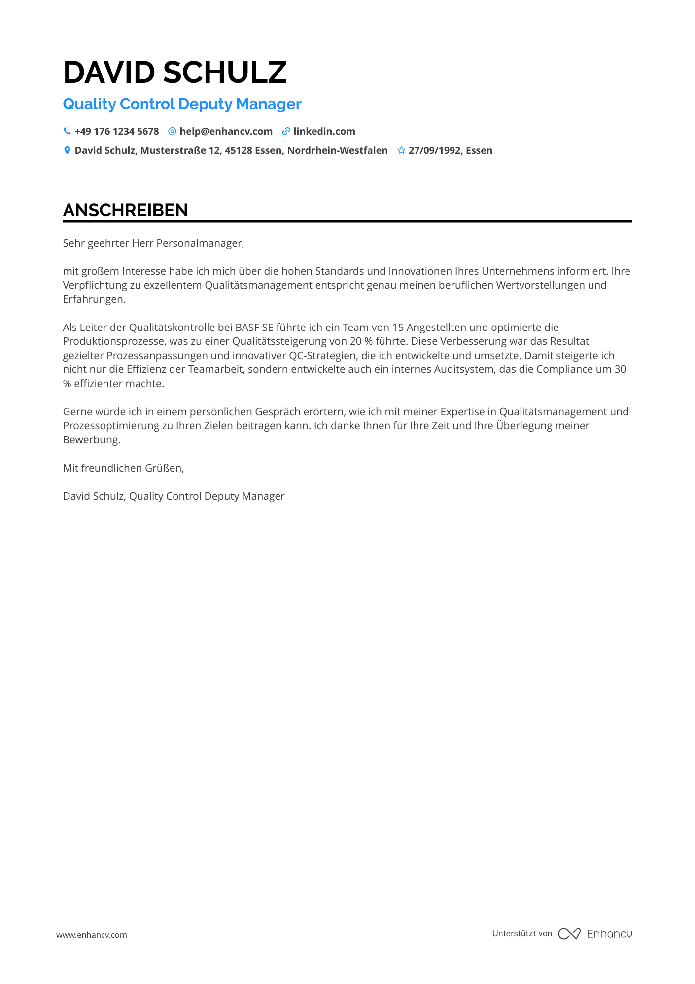 Stellvertretender Manager für Qualitätskontrolle