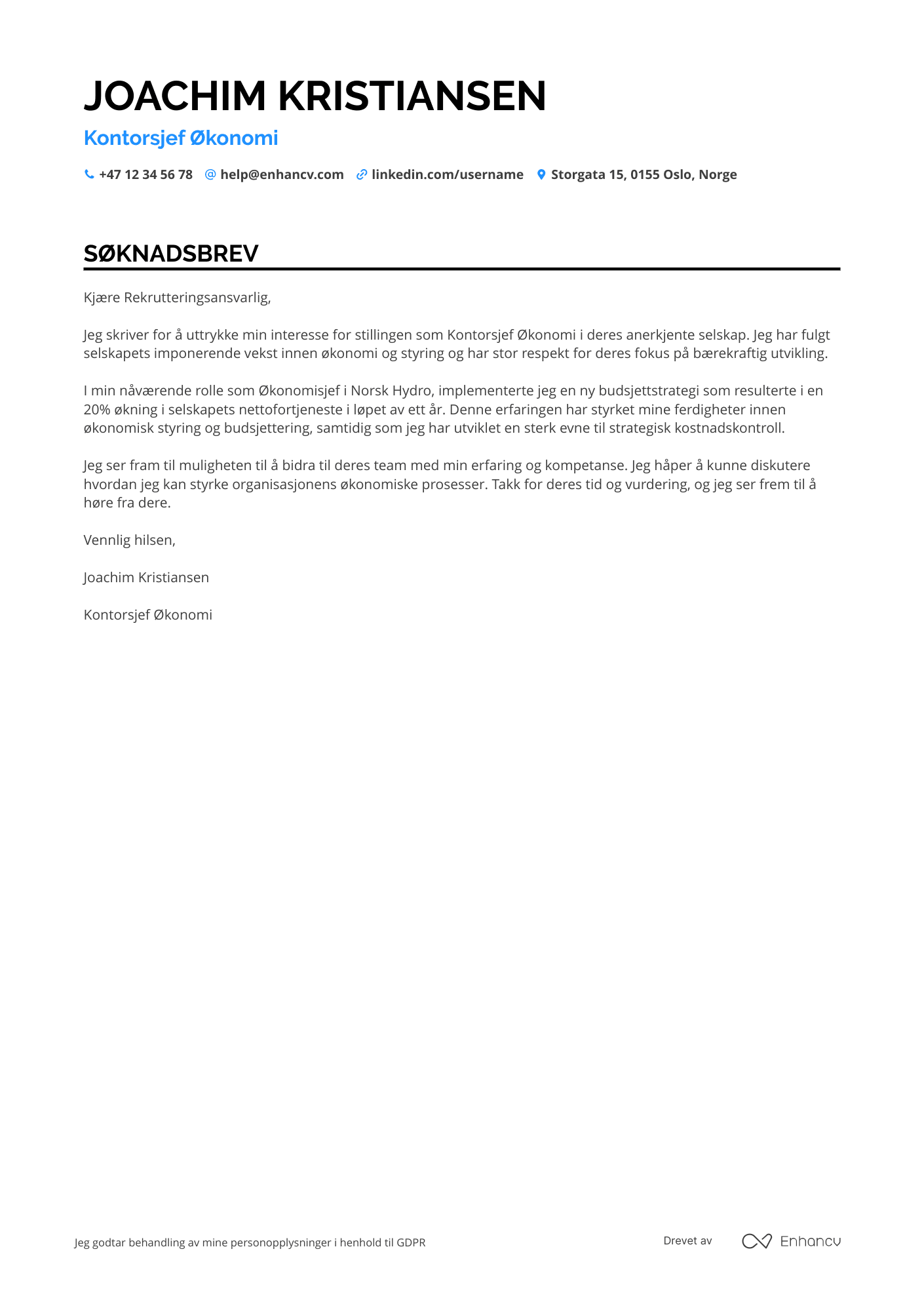 Søknadsbrev for Kontorsjef økonomi