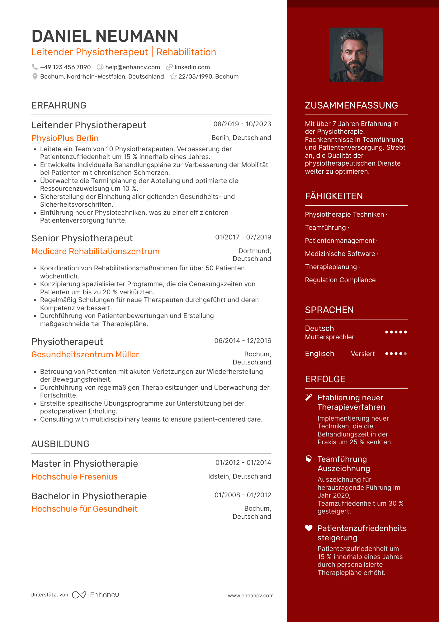 Lebenslauf als Leitender Physiotherapeut