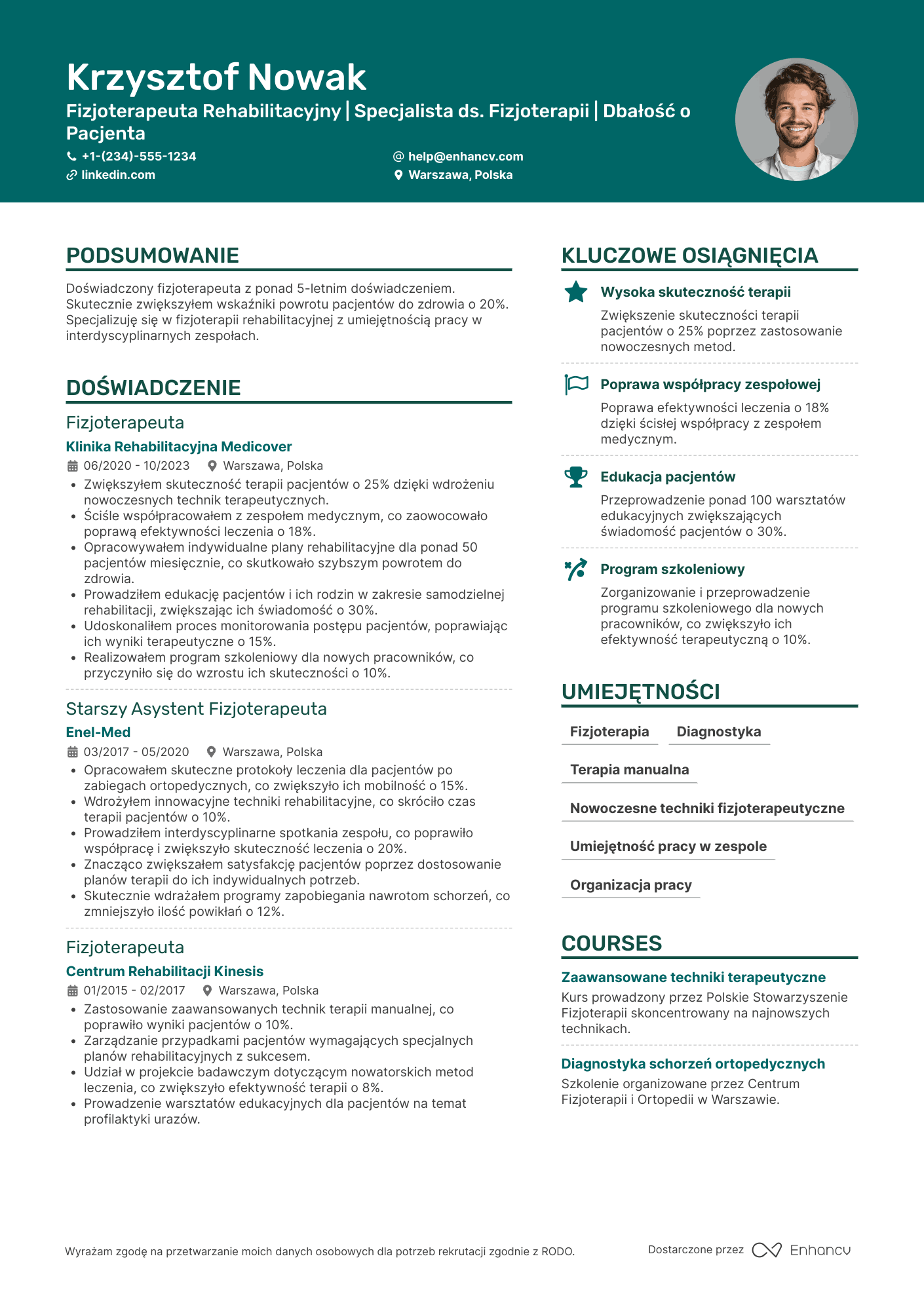 CV dla Fizjoterapeuta Rehabilitacyjny