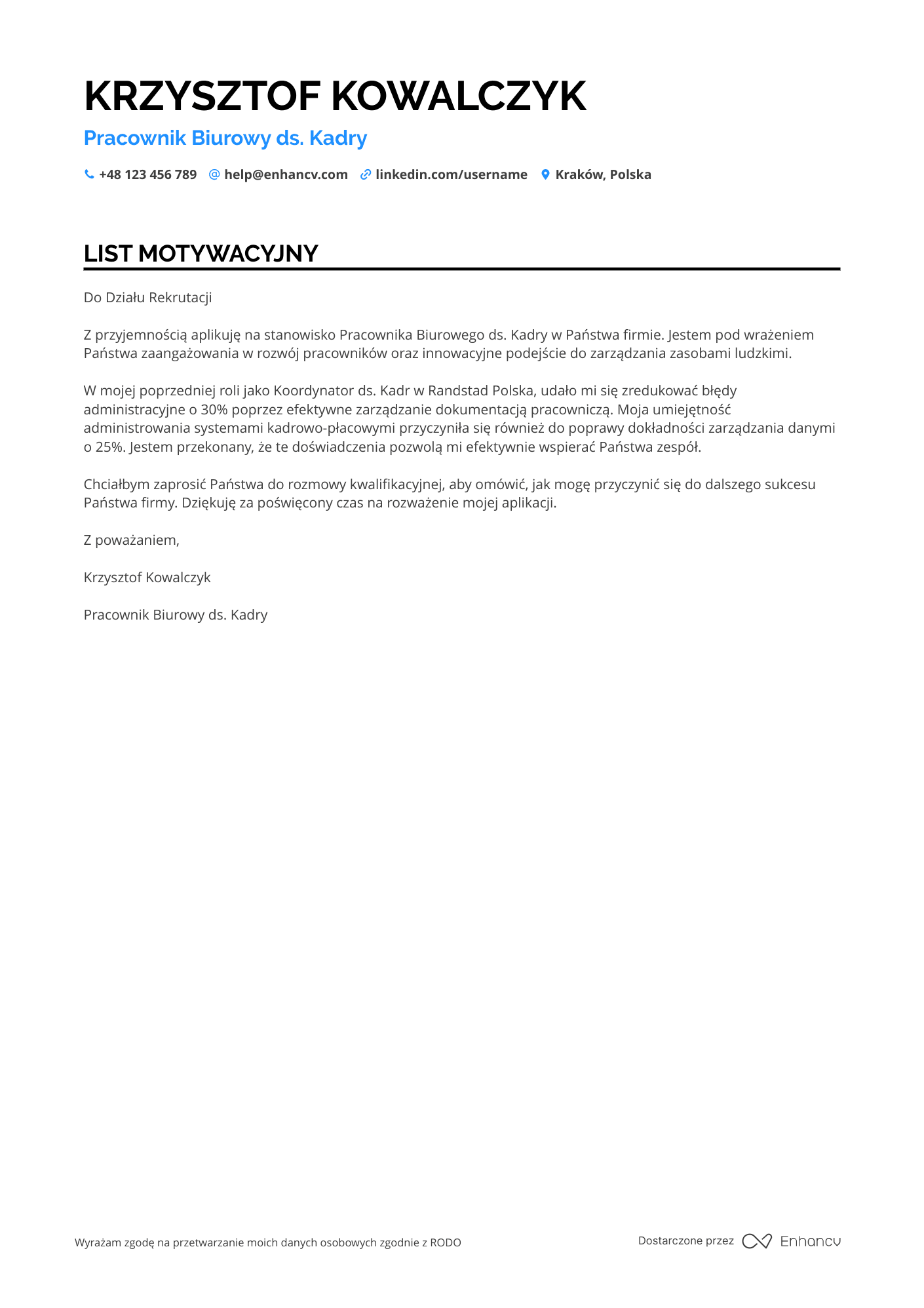 List motywacyjny dla Pracownik Biurowy ds. Kadry