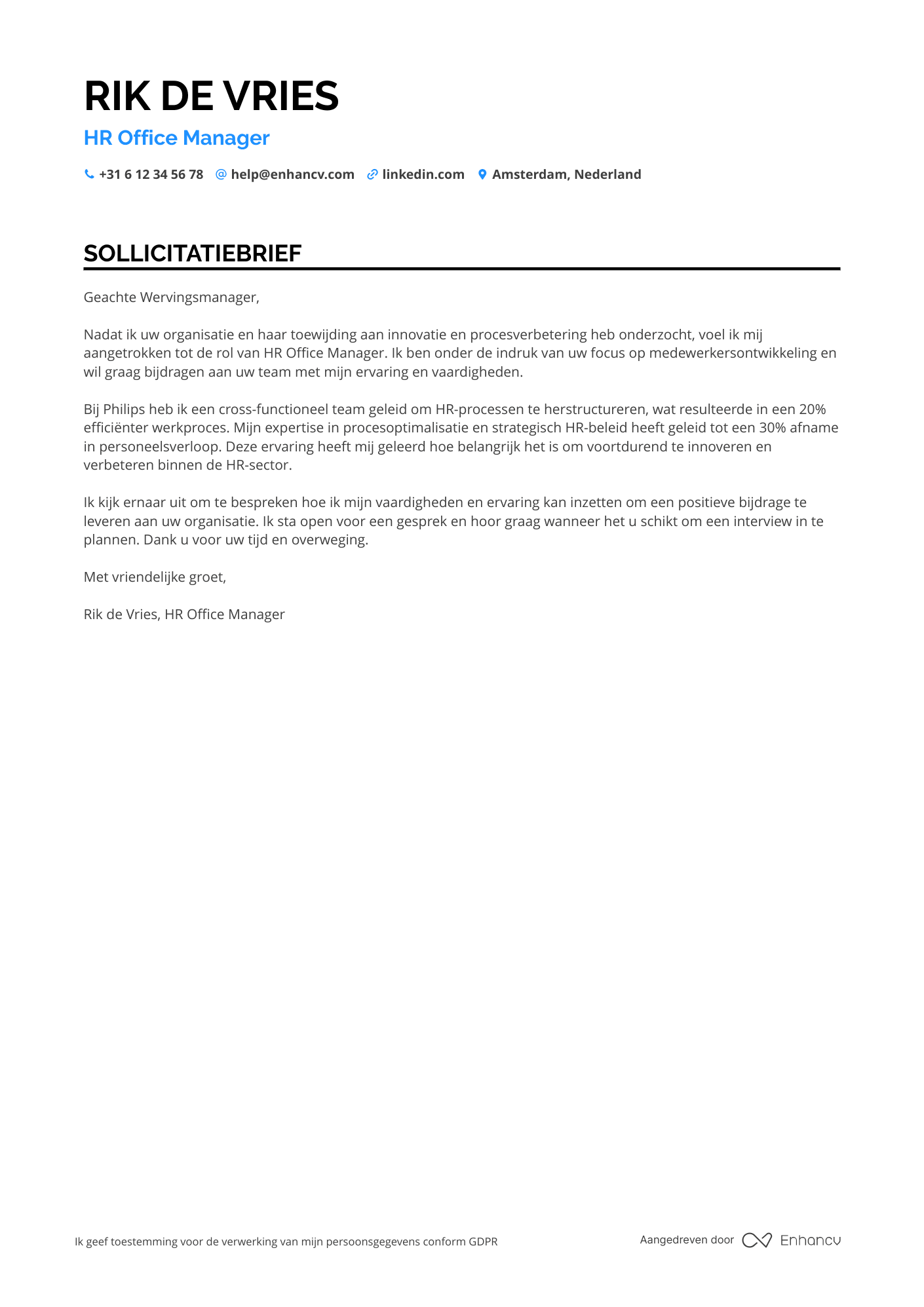 Sollicitatiebrief voor HR Office Manager