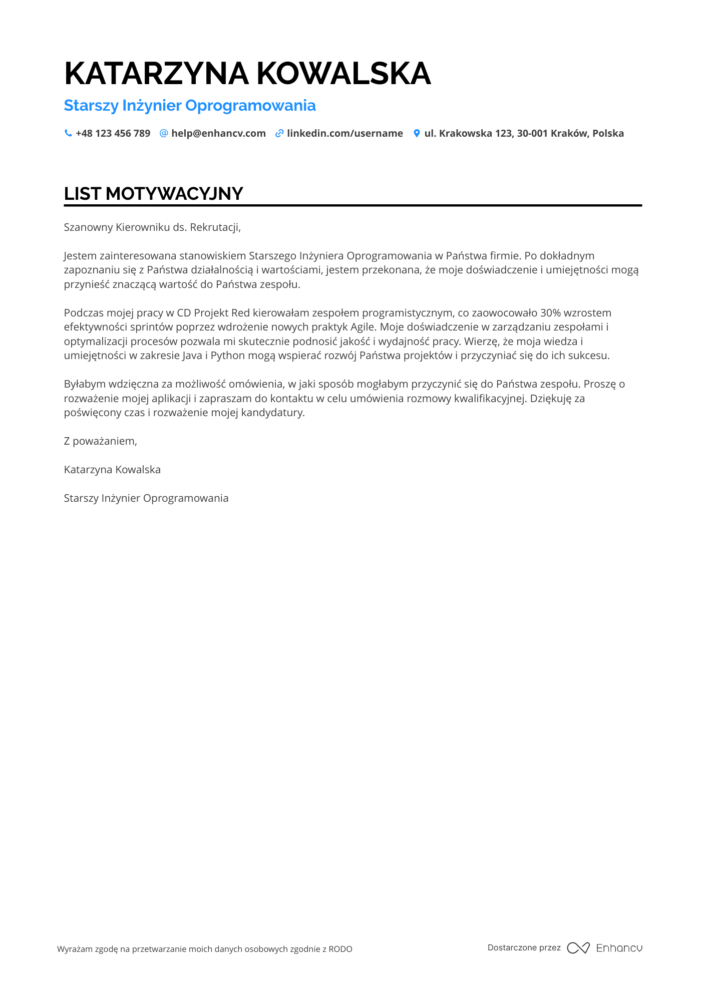List motywacyjny dla Senior Software Engineer