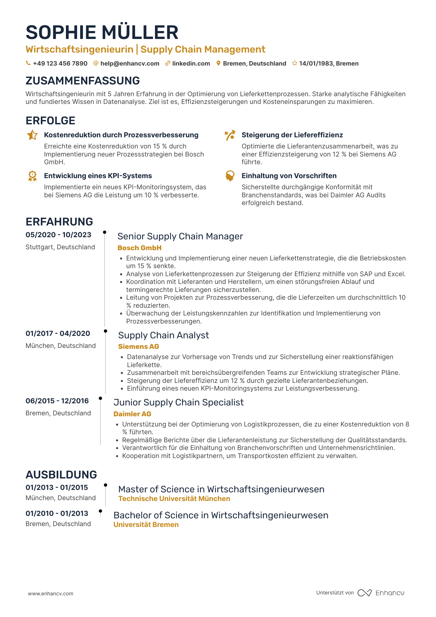 Lebenslauf als Wirtschaftsingenieur in der Supply Chain Management