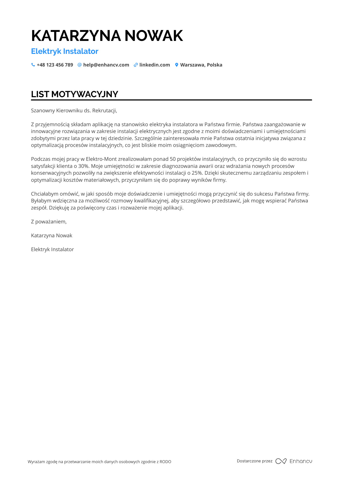 List motywacyjny dla Elektryk Instalator