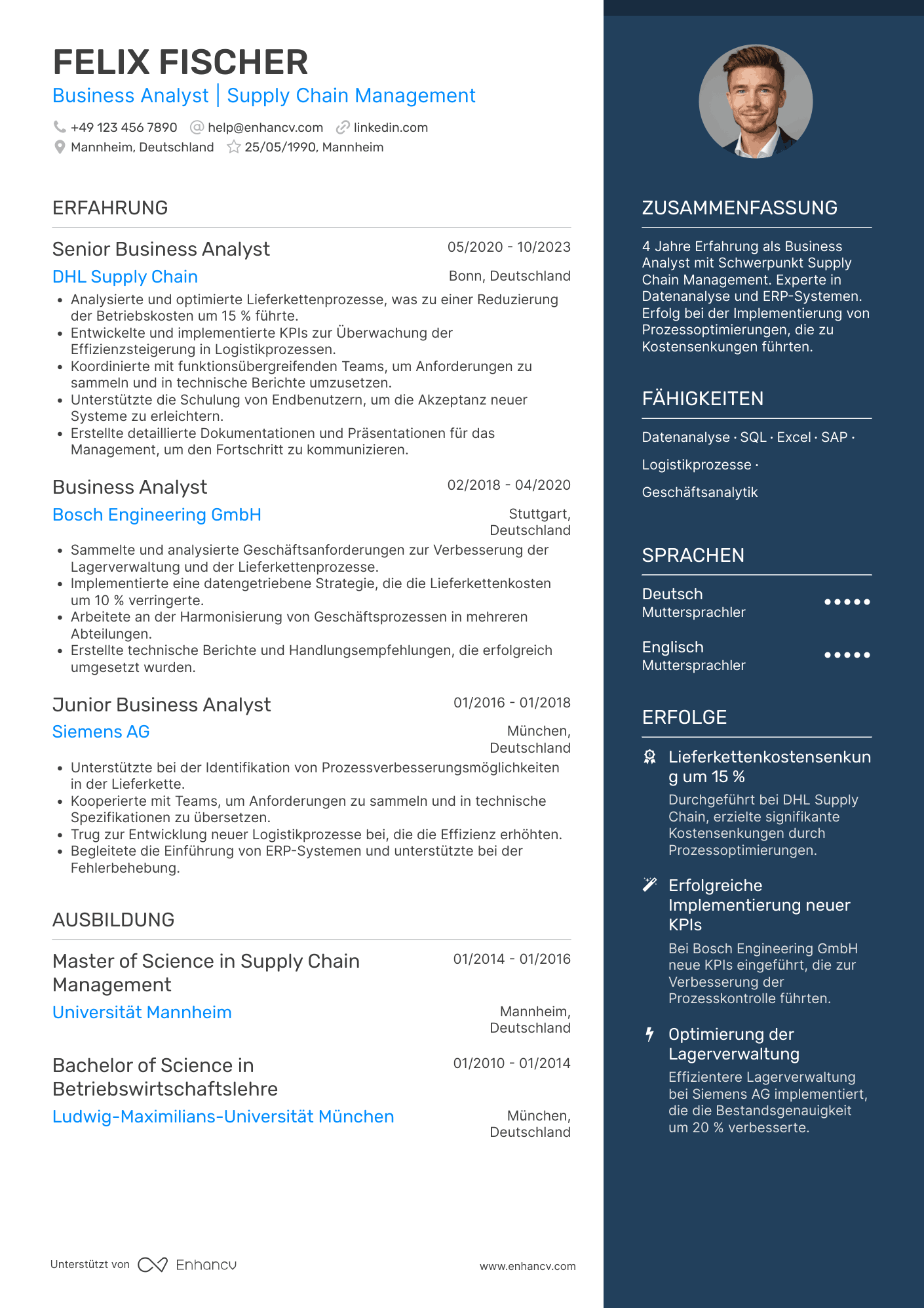 Lebenslauf als Business Analyst für Supply Chain Management