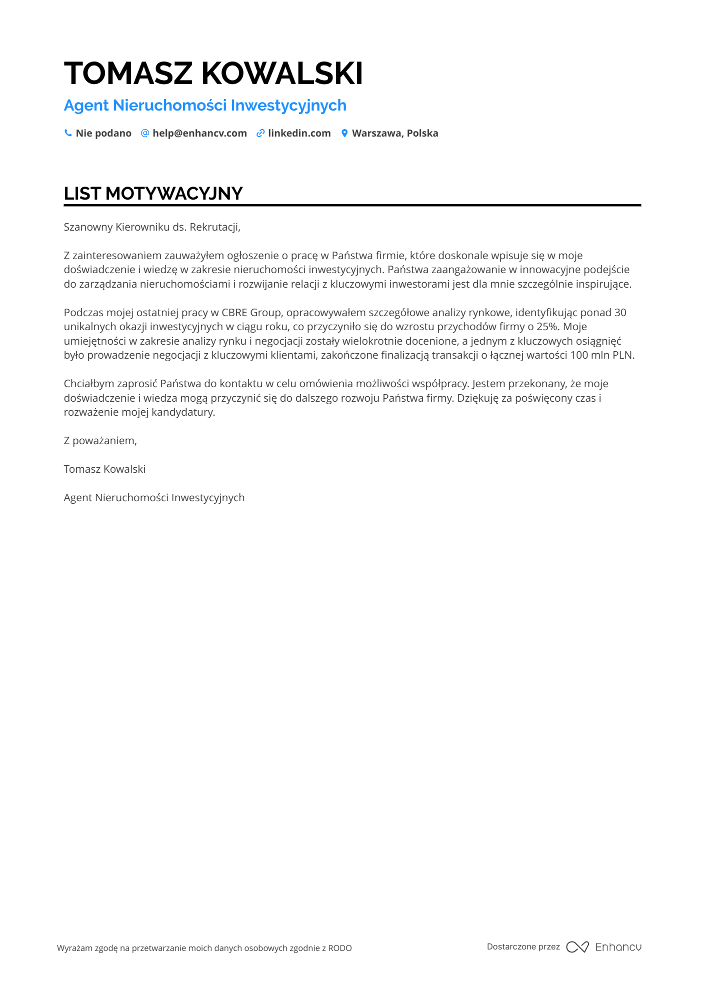 List motywacyjny dla Agent Nieruchomości Inwestycyjnych