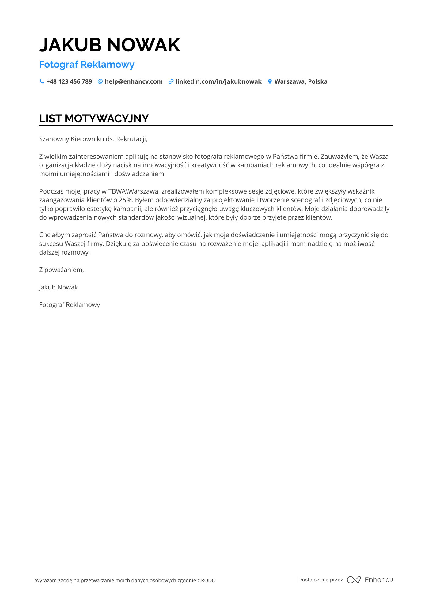 List motywacyjny dla Fotograf reklamowy