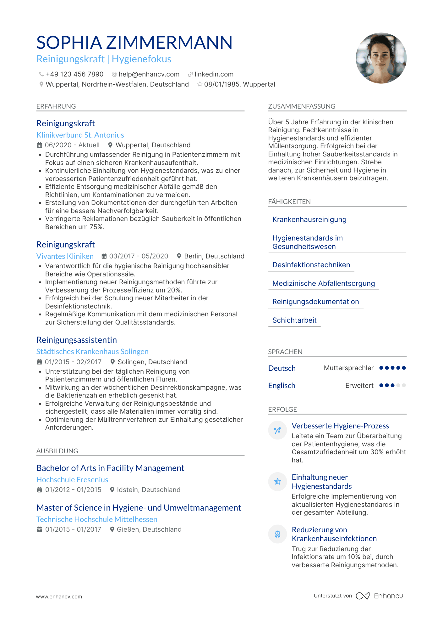 Lebenslauf als Reinigungskraft für Krankenhäuser