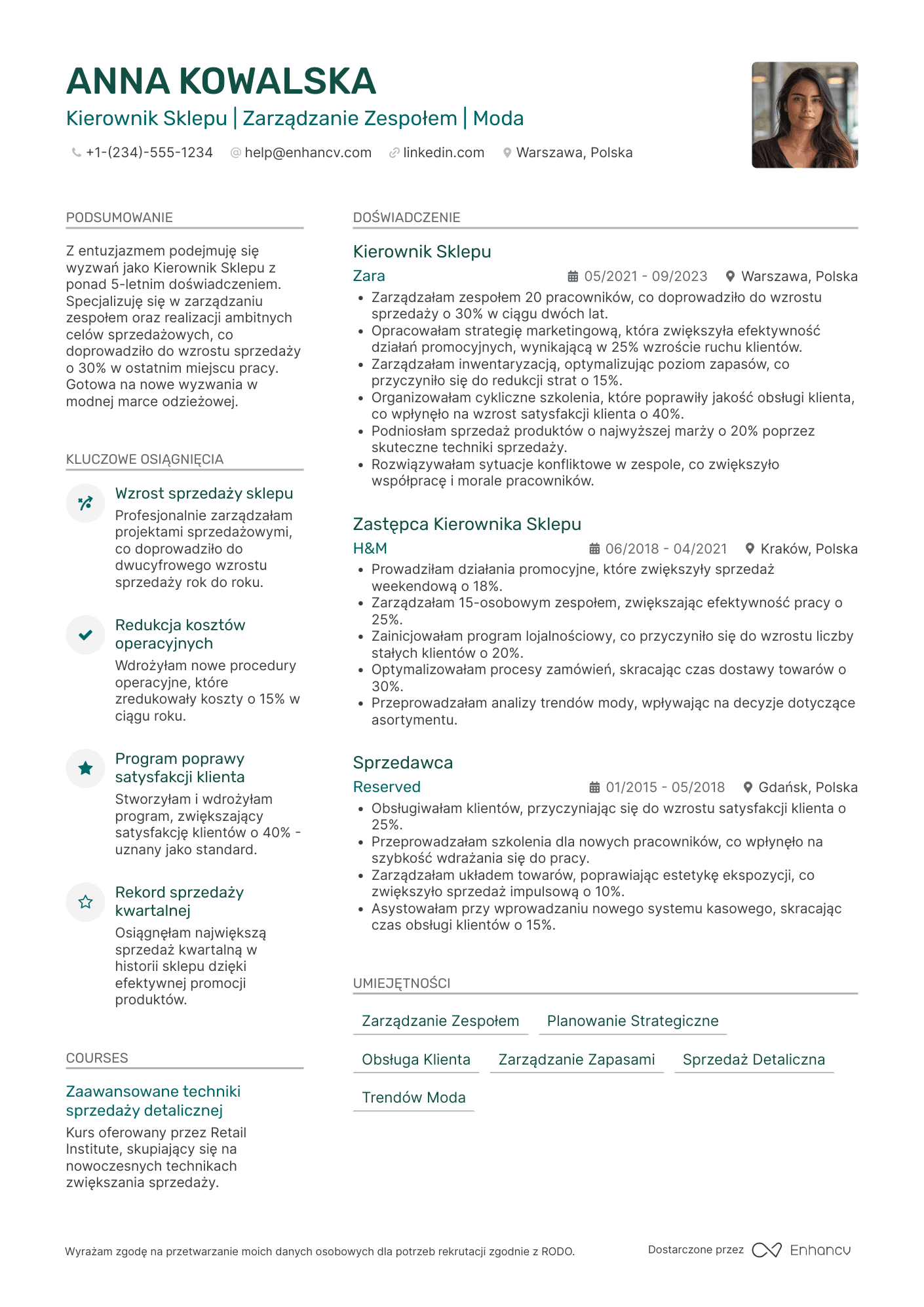 CV dla Kierownik Sklepu Odzieżowego