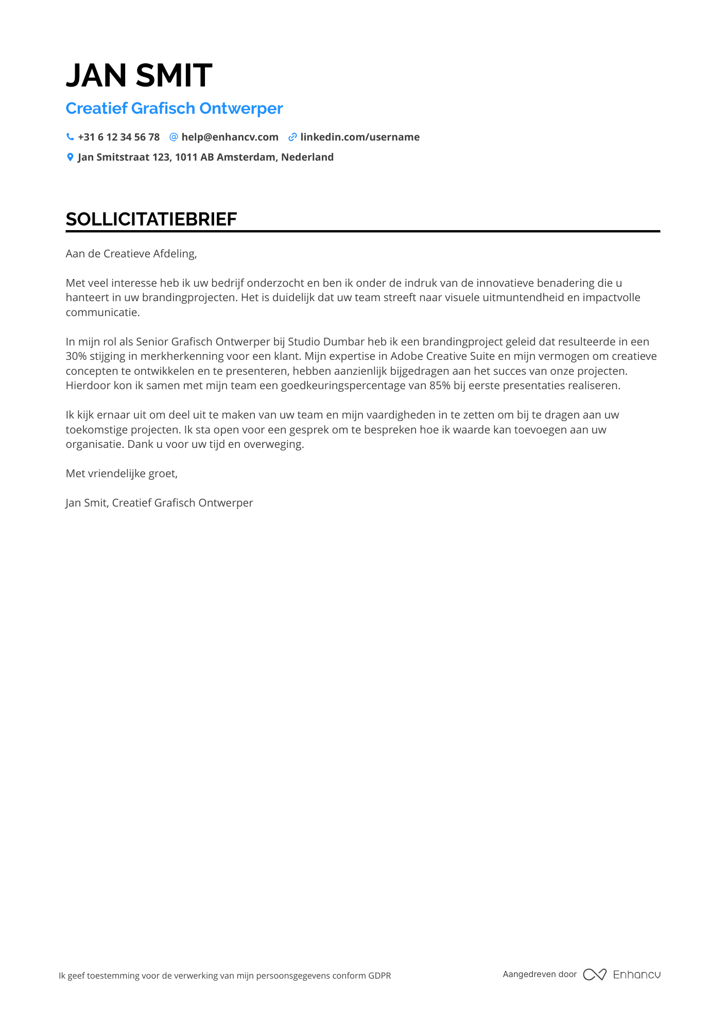 Sollicitatiebrief voor Creatief Grafisch Ontwerper