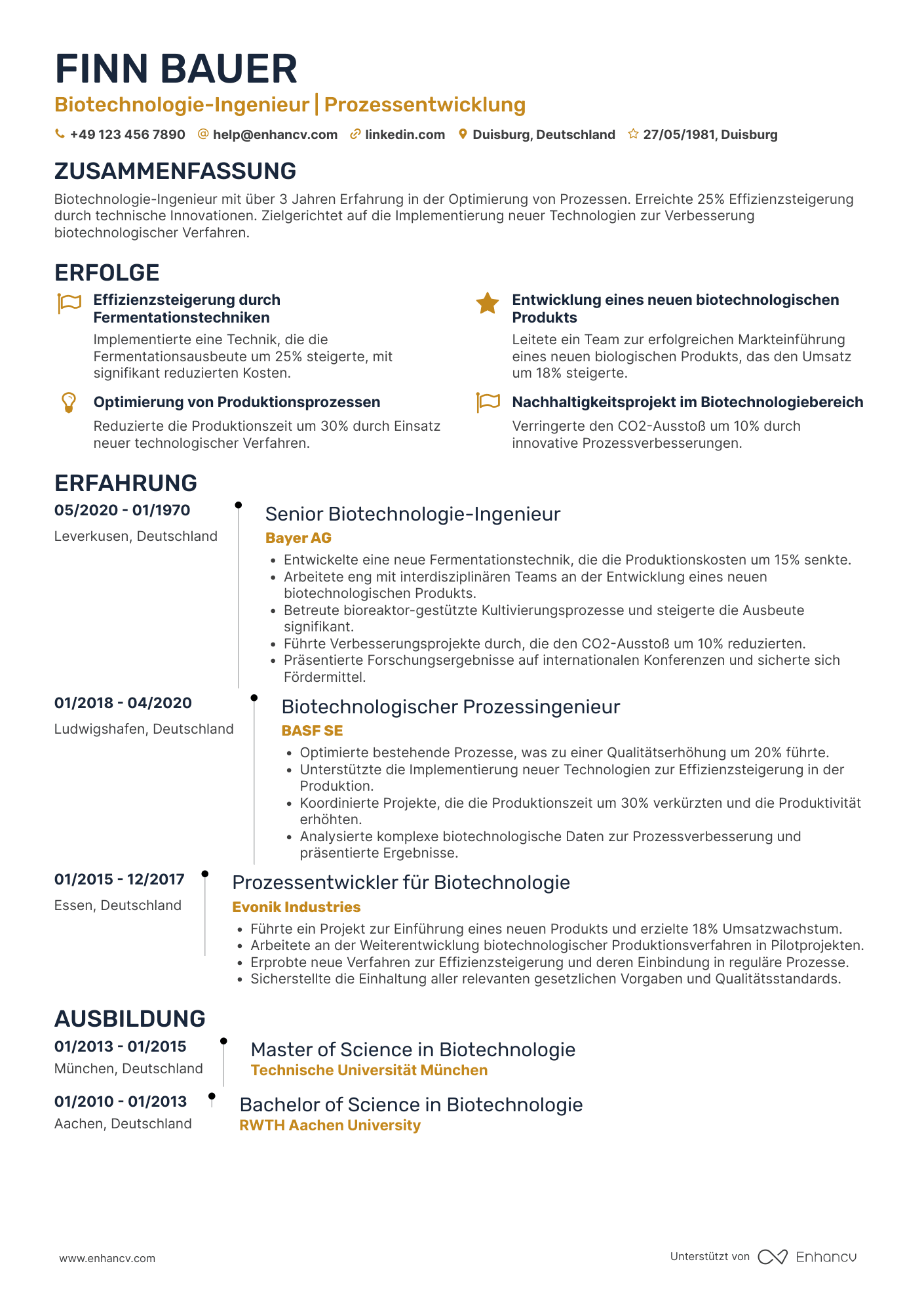 Lebenslauf als Ingenieur für Biotechnologie